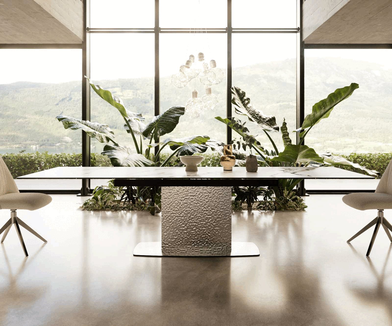 Table à manger Edge 200-300x100 céramique Calacatta Luxe blanc-doré-gris Wave acier inoxydable extensible 1