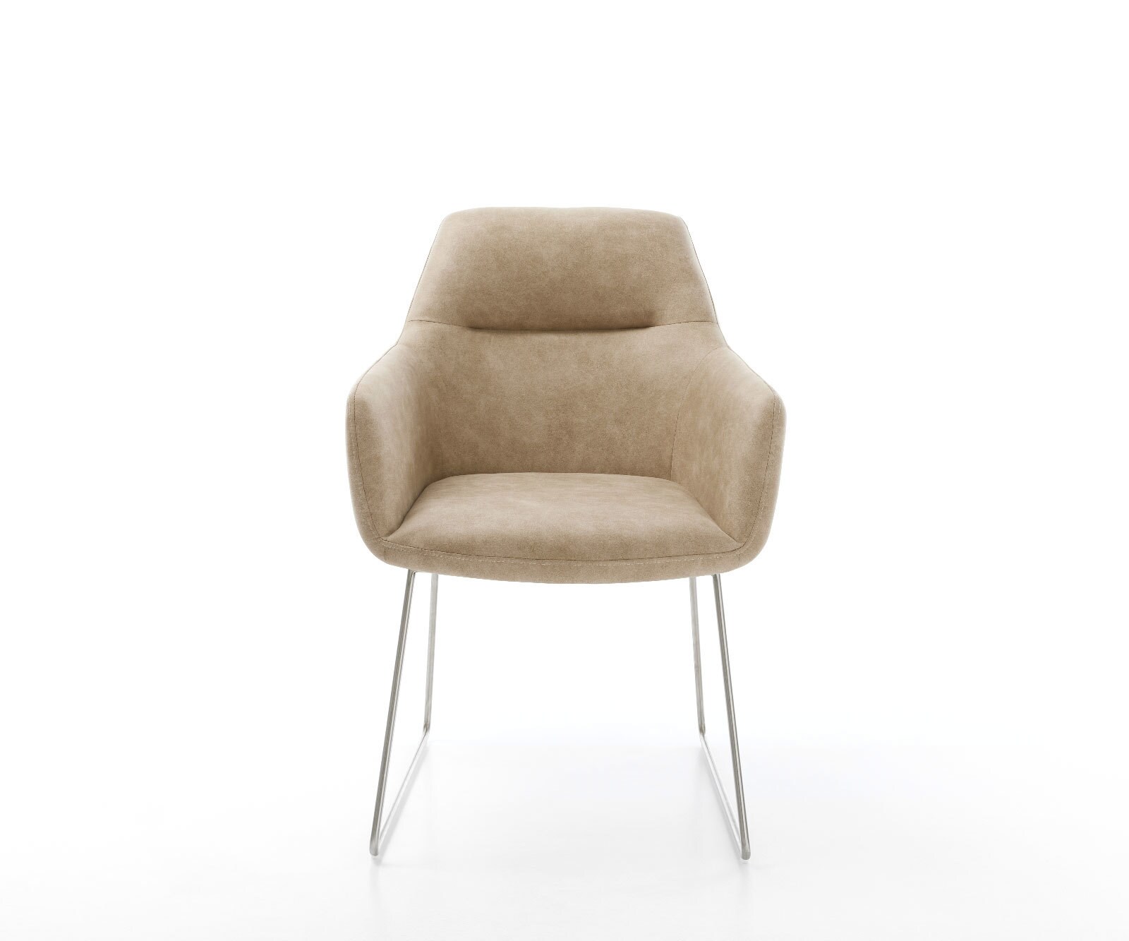 Chaise-de-salle-à-manger Pejo-Flex microvelours beige vintage pied trapèze acier inoxydable brossé ressorts ensachés 1