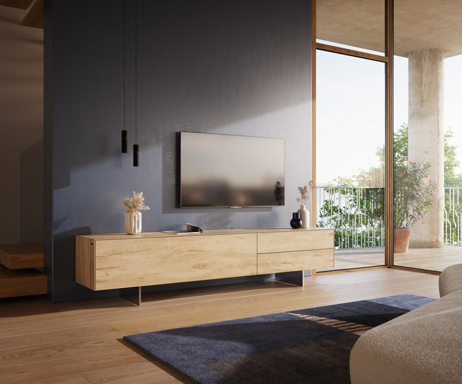 Meuble-TV Cuor 220 cm Céramique Laminam® Sabbia Teinte chêne 1 Clapet 2 Tiroirs Pied optique flottant Ancier inoxydable 1