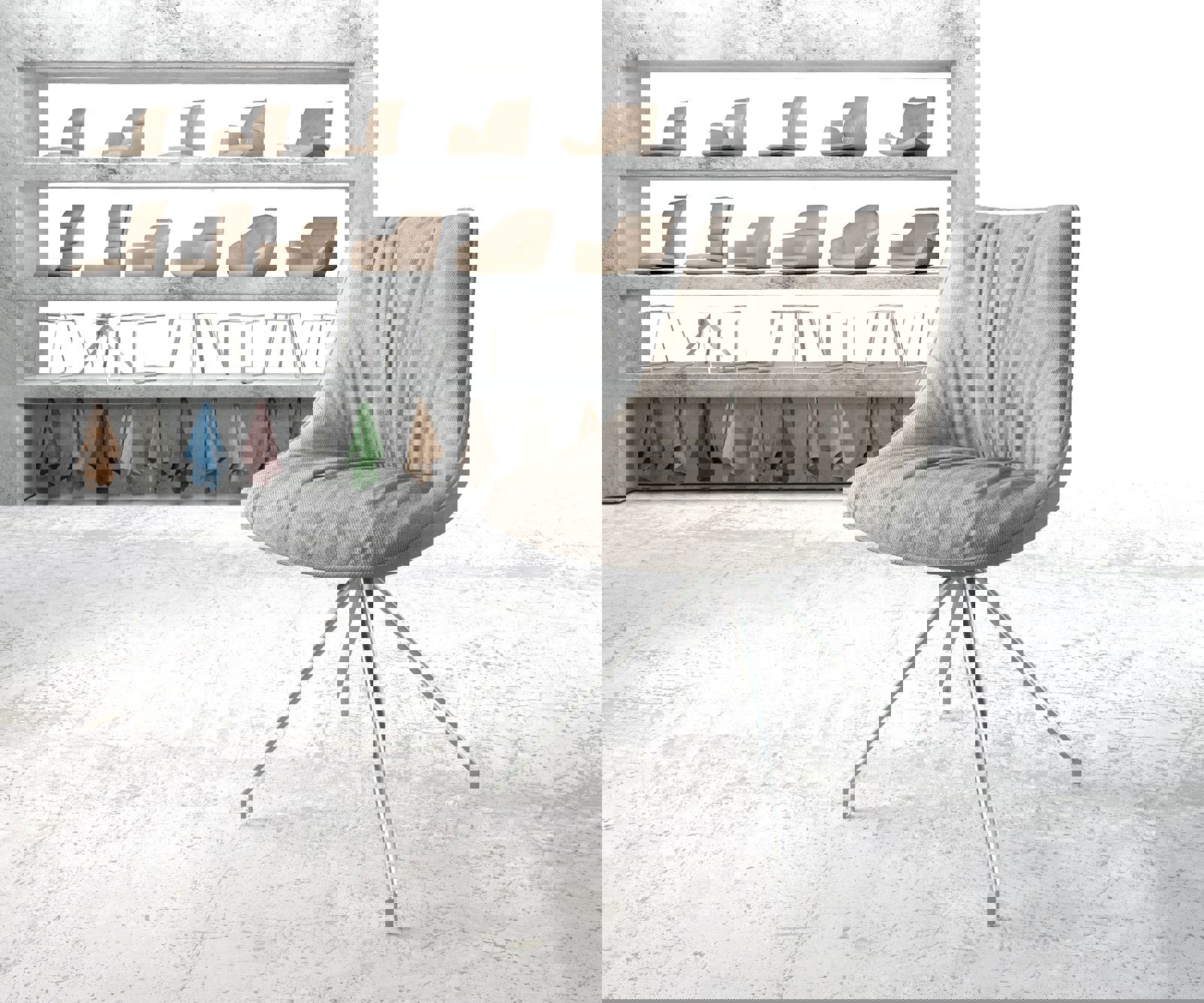 Chaise-pivotante Elda-Flex rayures gris clair pied croisé conique acier inoxydable brossé pivotement sur 180°
