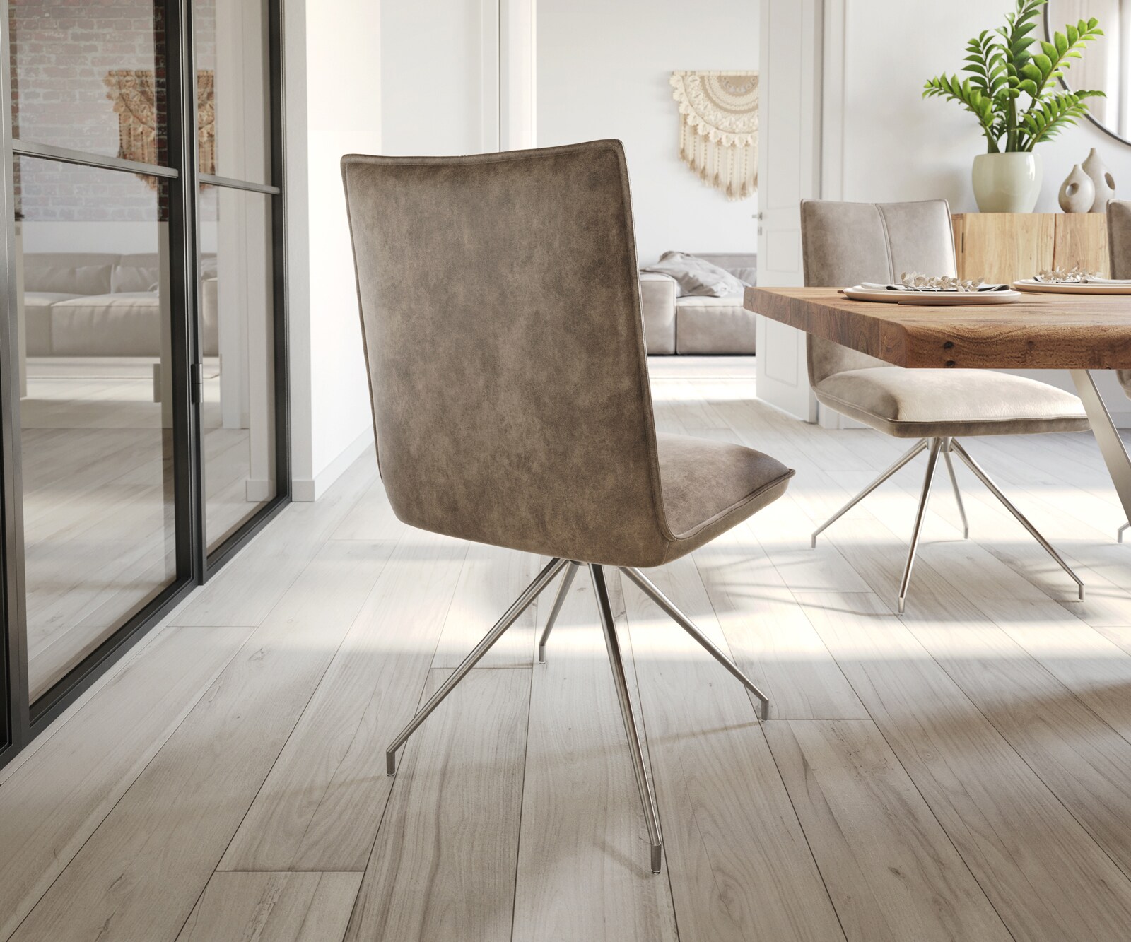 Chaise-de-salle-à-manger Lelio-Flex microvelours taupe vintage pied croisé conique acier inoxydable brossé ressorts ensachés 4 Chaise-de-salle-à-manger Lelio-Flex microvelours taupe vintage pied croisé conique acier inoxydable brossé ressorts ensachés 4