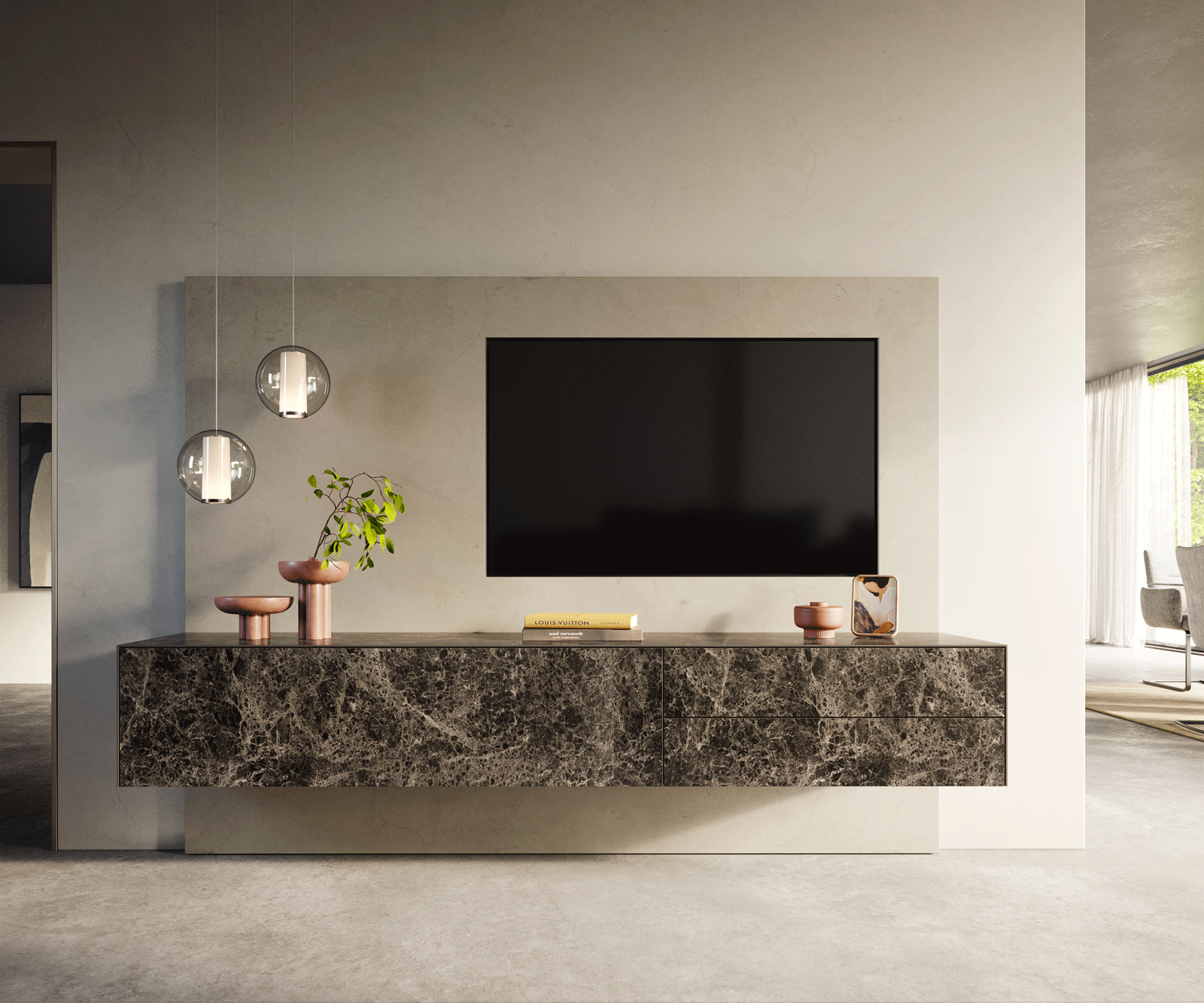 Meuble-TV Cuor 220 cm Céramique Laminam® Emperador Extra Lucidato brun foncé 1 Clapet 2 Tiroirs Flottant 2