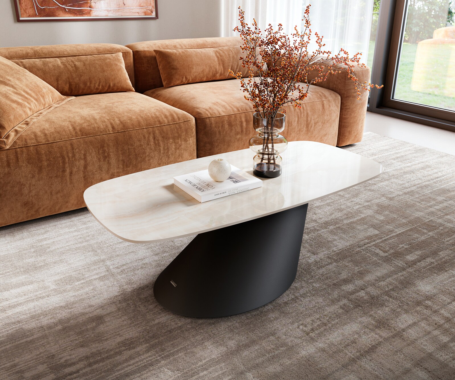 Table basse Edge forme bateau 100x50 cm céramique Onyx Champagne Conis métal noir 1