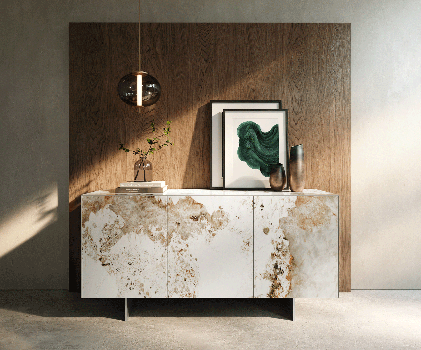 Buffet Cuor 150 cm Céramique Minas Melange Blanc-beige 3 Portes Pied optique flottant Ancier inoxydable 1