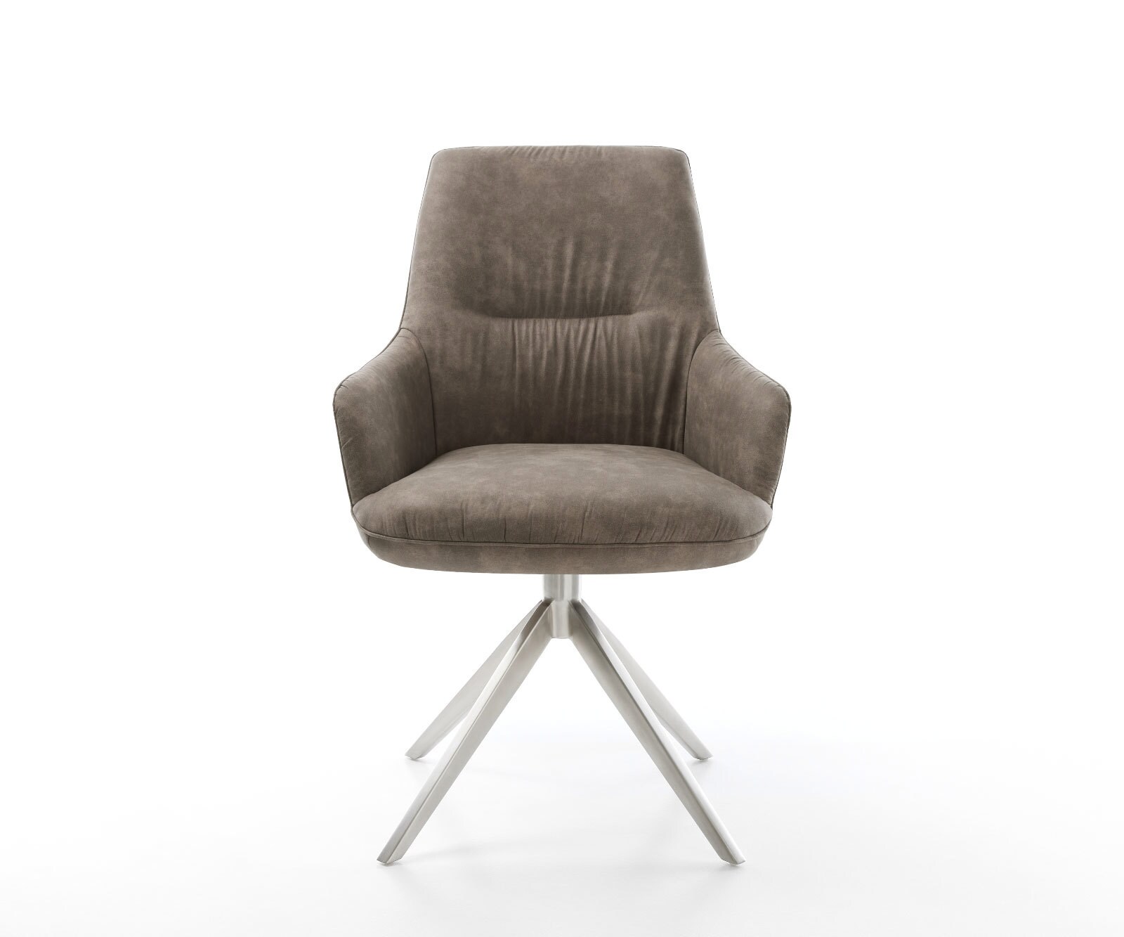 Chaise-pivotante Zelia-Flex microvelours taupe vintage pied croisé large acier inoxydable brossé pivotement sur 360° fonction bascule ressorts ensachés 1