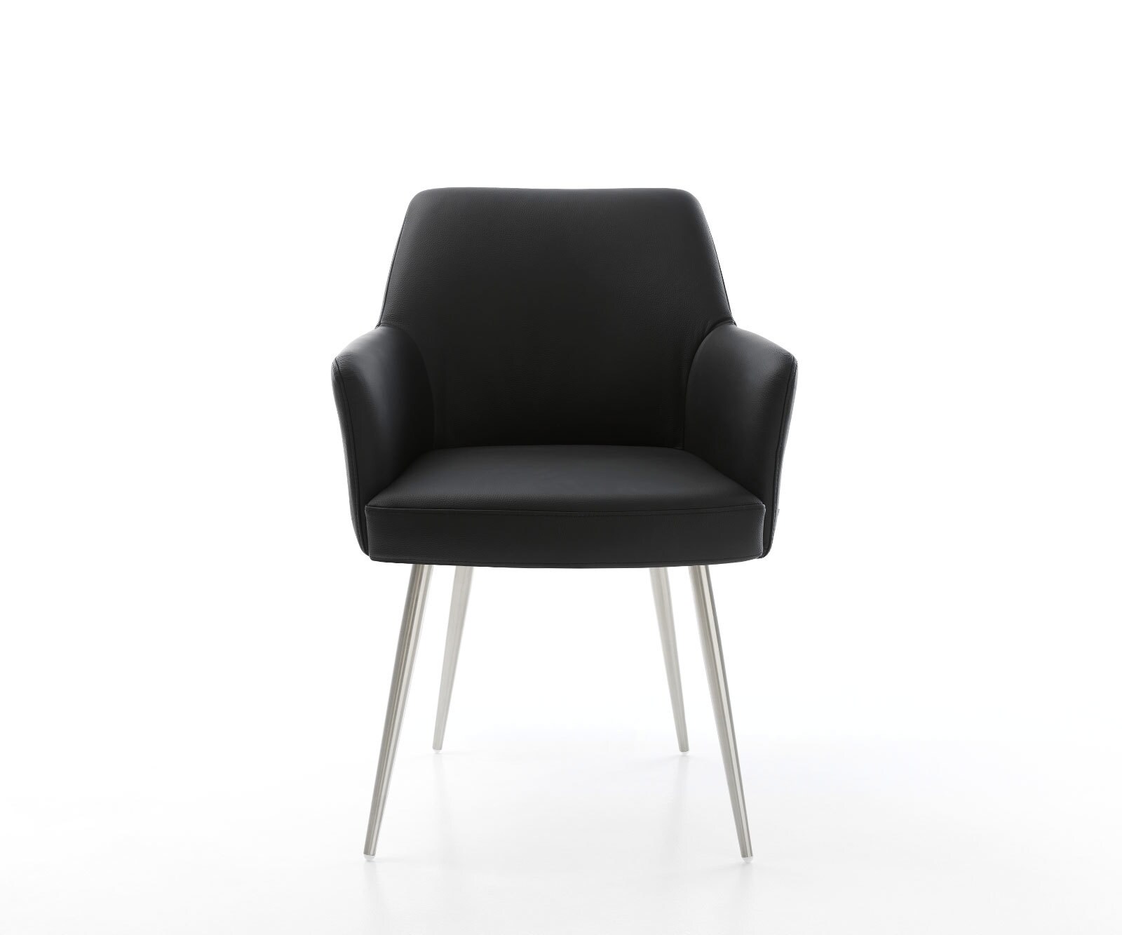 Chaise-de-salle-à-manger Xana-Flex avec accoudoirs cuir de vache noir 4 pieds coniques acier inoxydable brossé ressorts ensachés 2