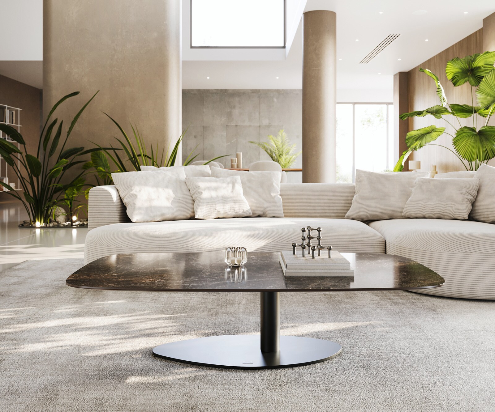 Table basse Edge bateau 140x80 cm céramique Emperador Extra Lucidato brun foncé Vibany métal noir 1