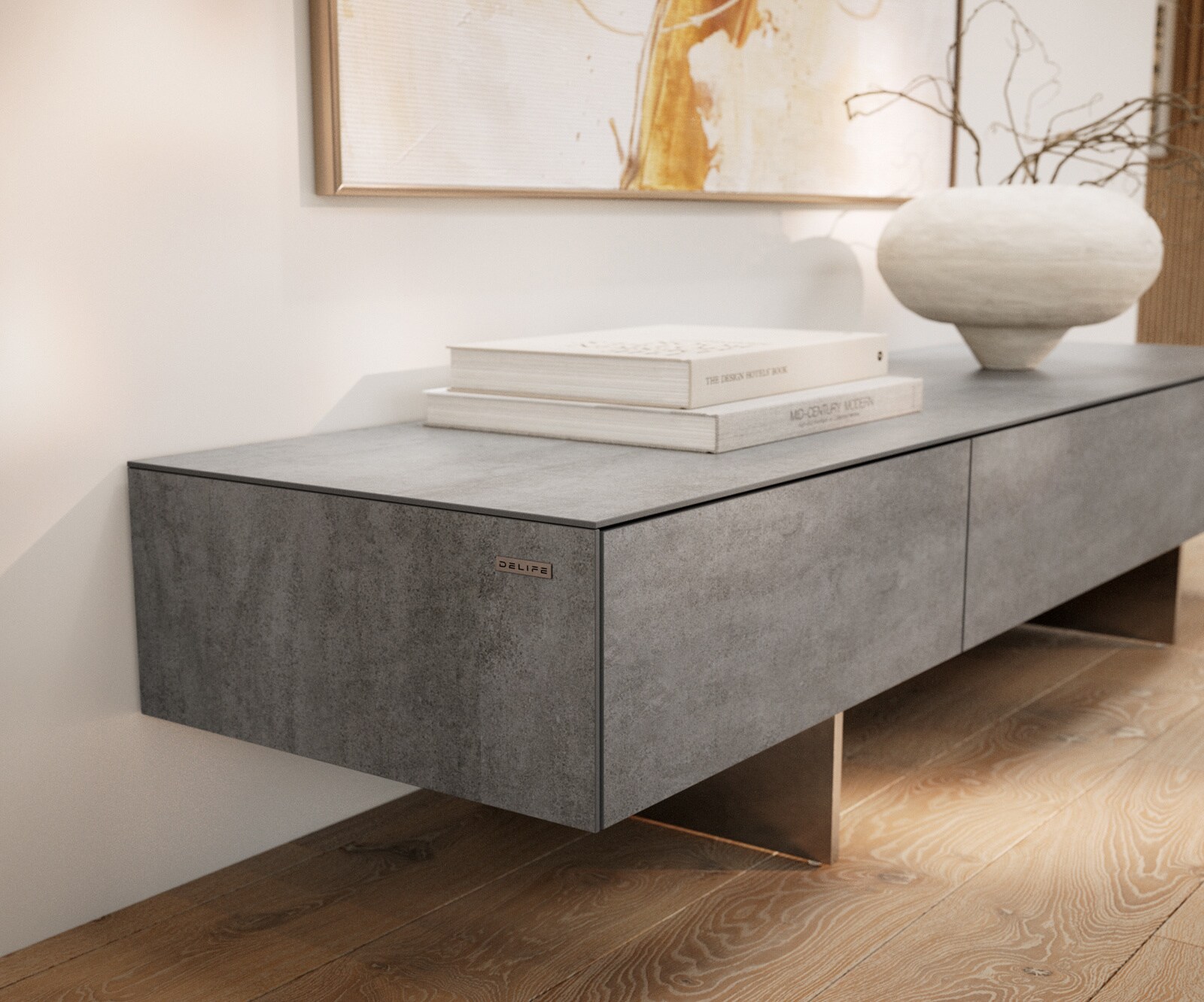 Meuble-TV Cuor 150 cm Céramique Béton gris 1 Clapet 1 Tiroir Pied optique flottant Ancier inoxydable 5