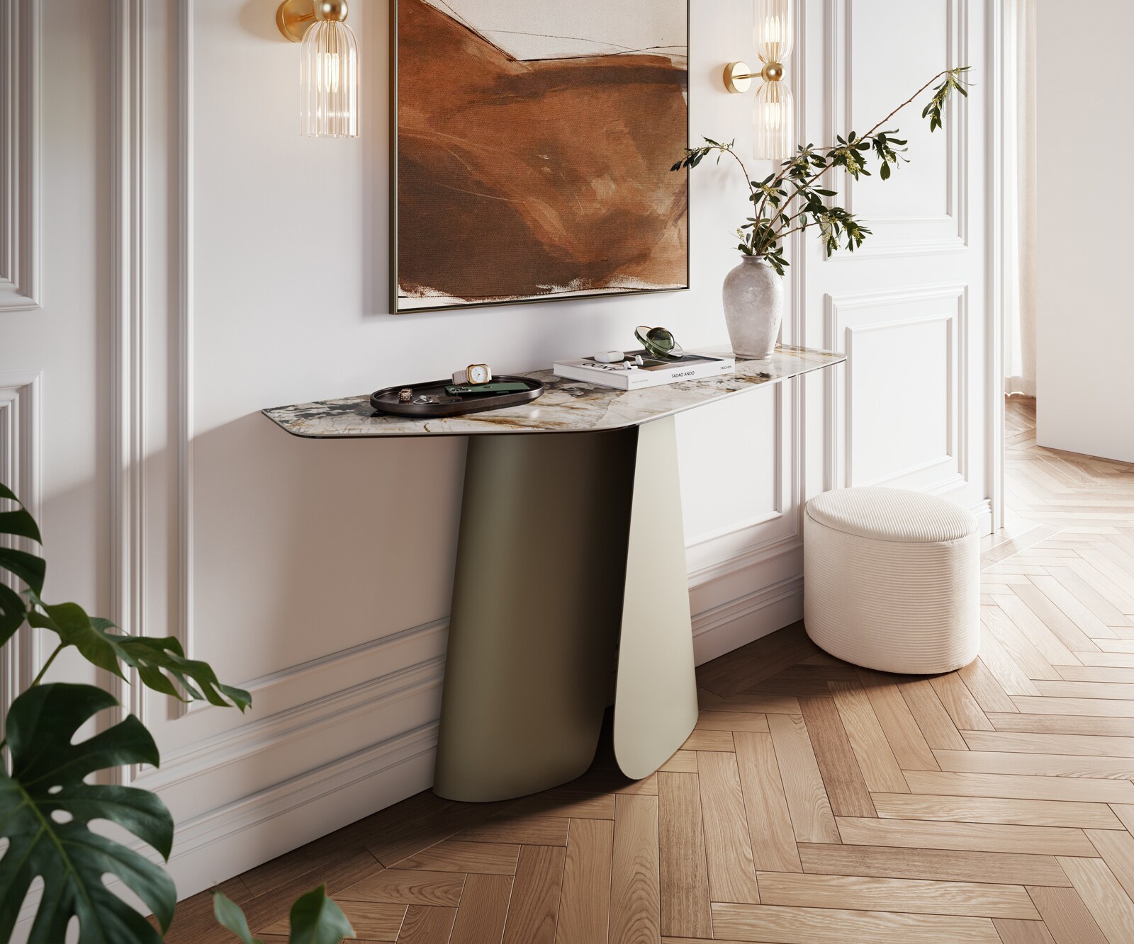 Console Edge Polygonal 140x50 cm Céramique Patagonia Poliert Livos Métal Effektfinish Titan 1