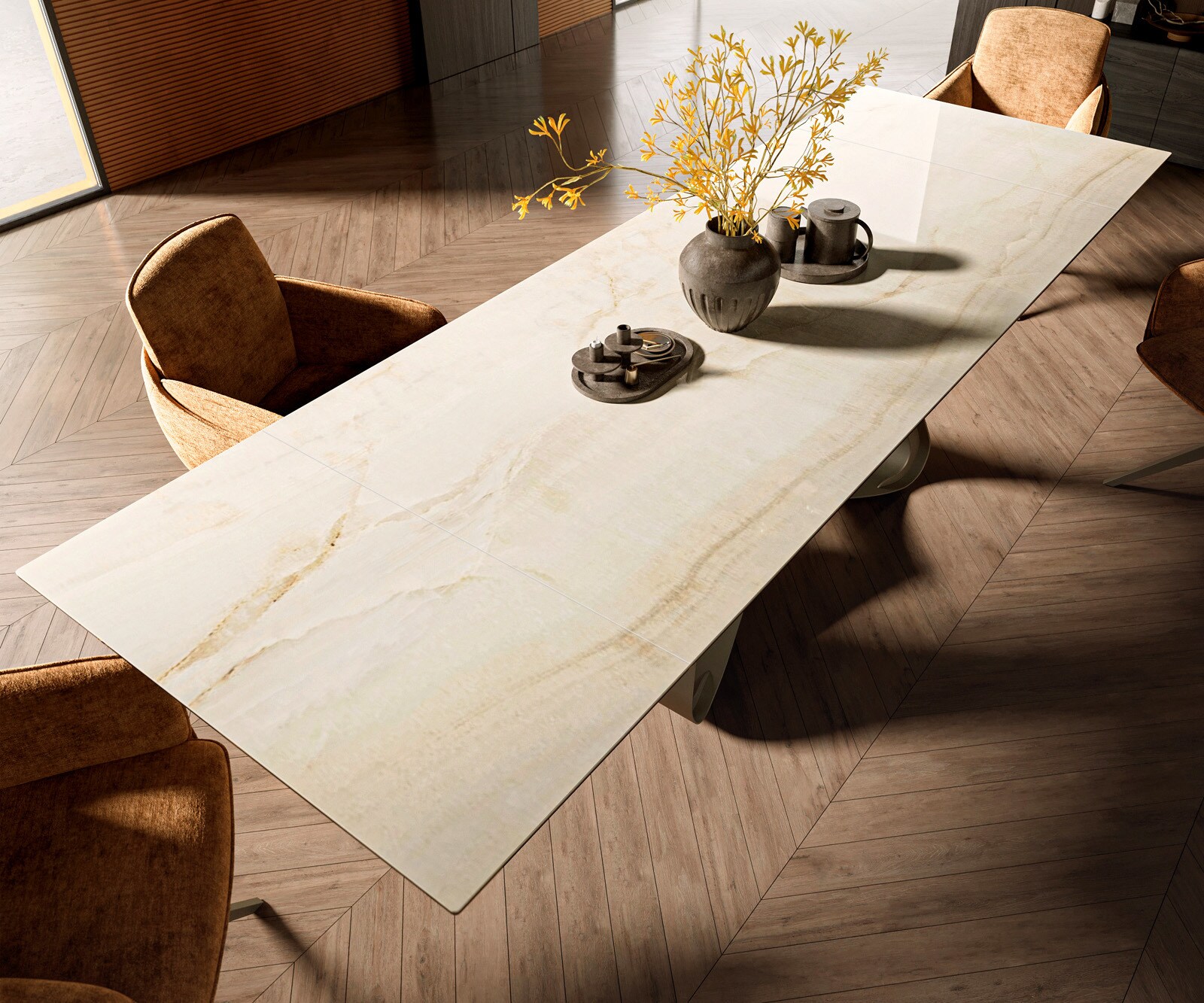 Table à manger Edge 200-300x100 céramique Laminam® Onice Oro cadre en W effet finition titanee extensible 3