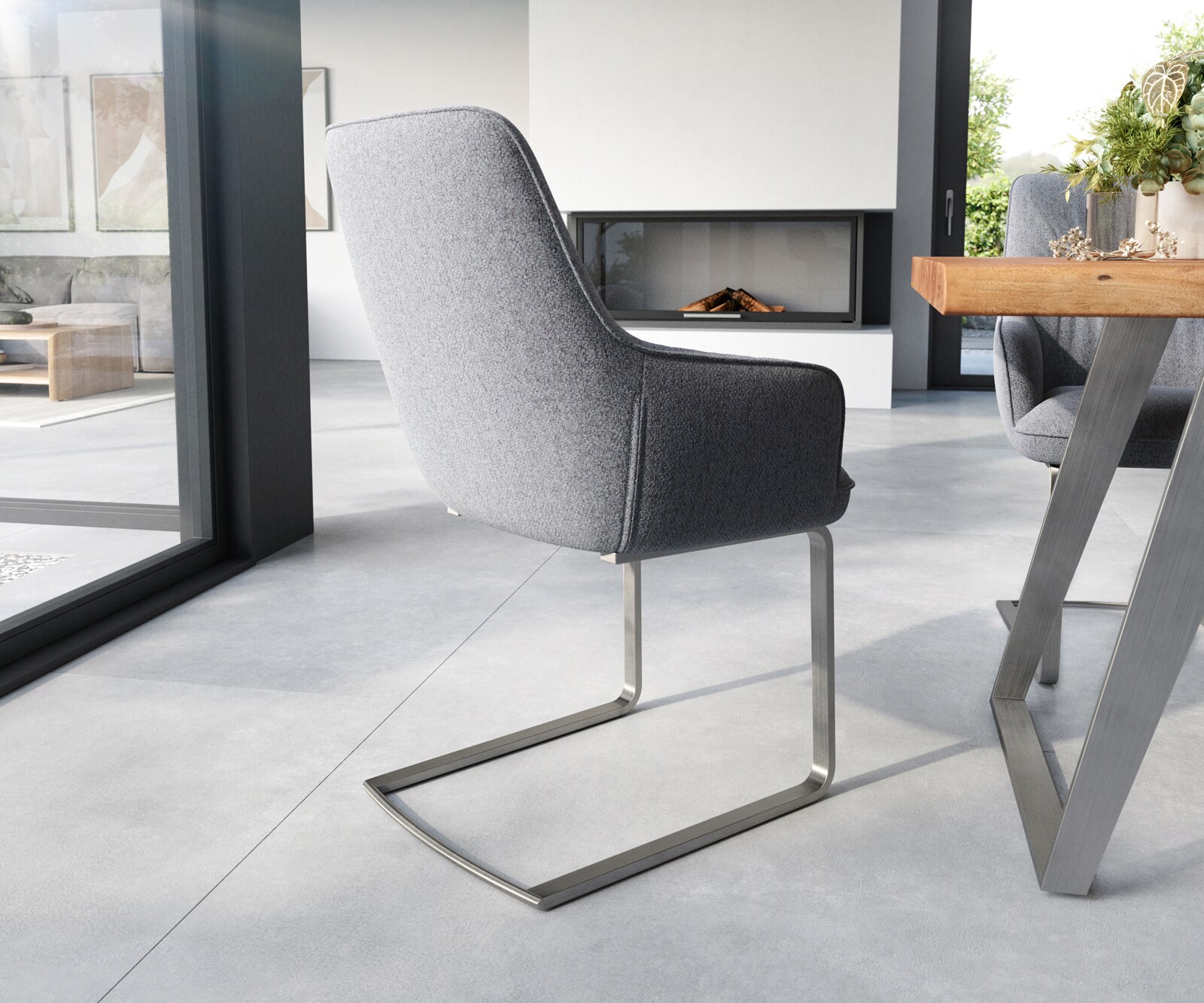 Cantilever Zelia-Flex avec accoudoirs tissu texturé gris clair pied cantilever plat acier inoxydable brossé ressorts ensachés 4 Cantilever Zelia-Flex avec accoudoirs tissu texturé gris clair pied cantilever plat acier inoxydable brossé ressorts ensachés 4
