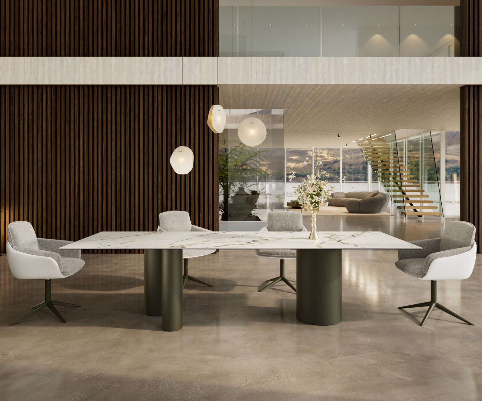 Table à manger Edge 300x100 Céramique Calacatta Luxe Blanc-Doré-Gris Troa Métal finition à effet Titane