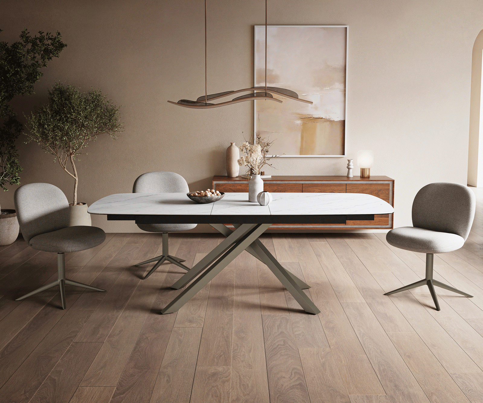 Table à manger Edge Boot 180-220x100 cm Céramique Laminam® Statuarietto Blanc piètement en croix Rectangle Finition effet Titan extensible 2