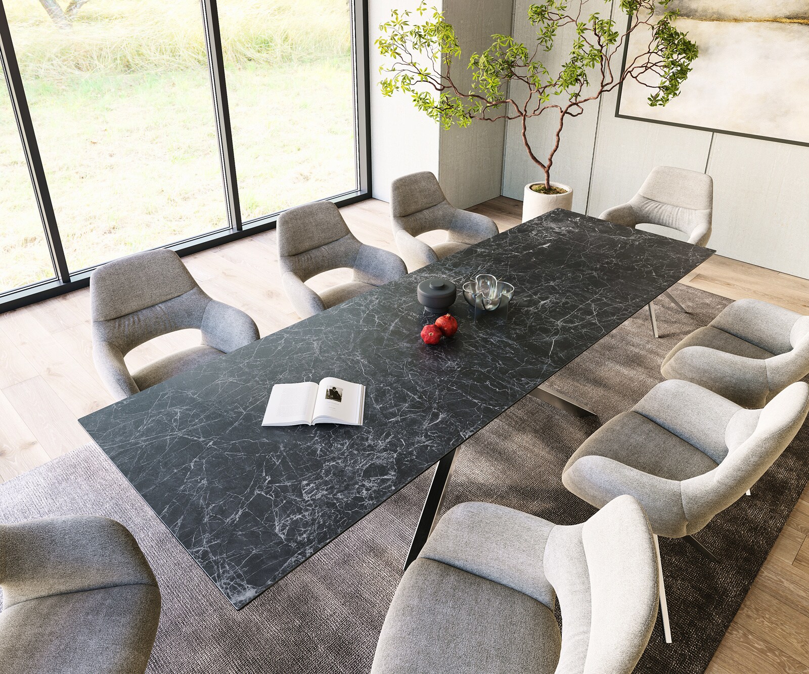 Table-à-manger Edge 300x100cm Laminam® céramique gris pieds milieu croisé argent 3