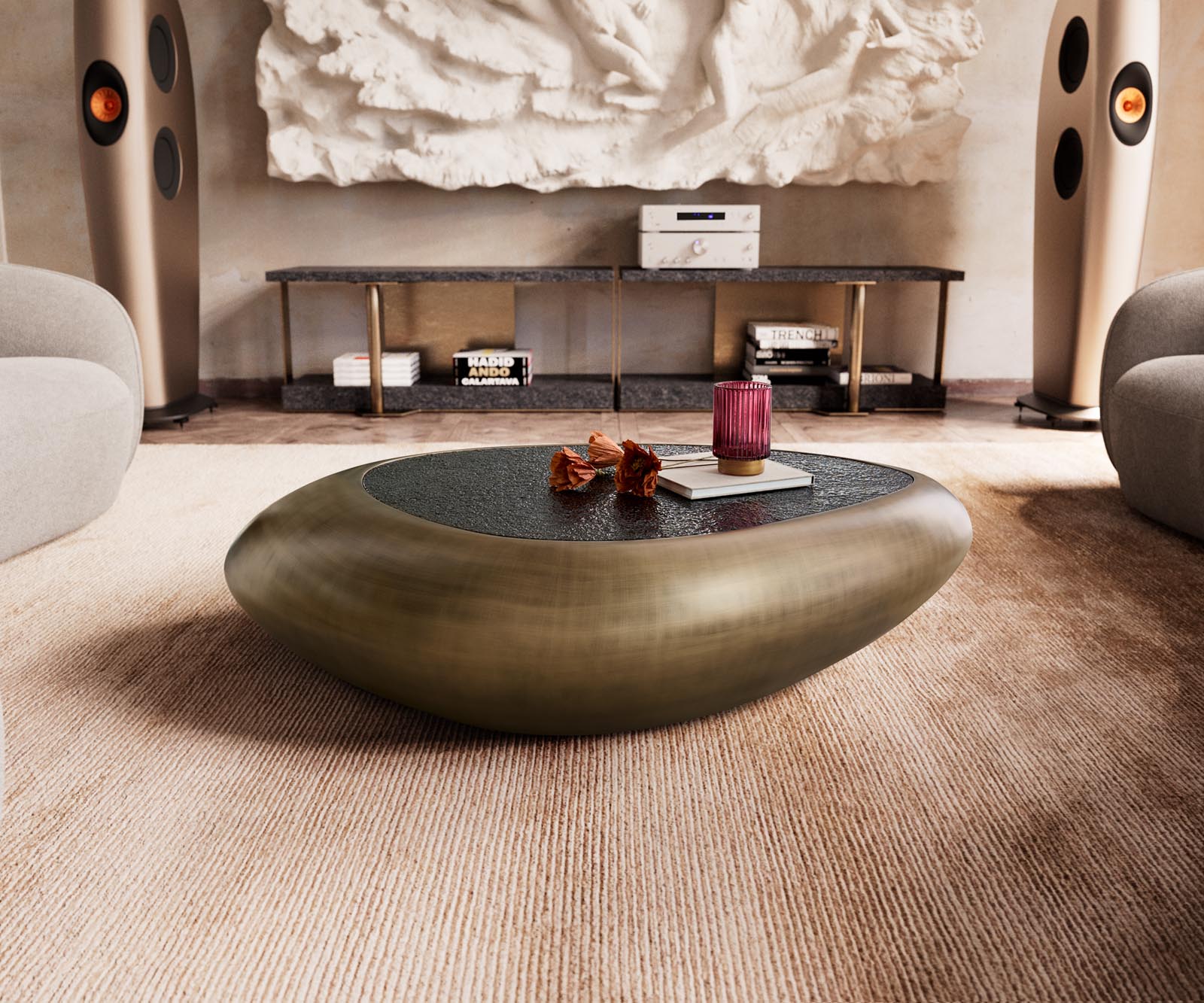 Table basse Sagana 120x80 cm or avec verre en relief taupe 1