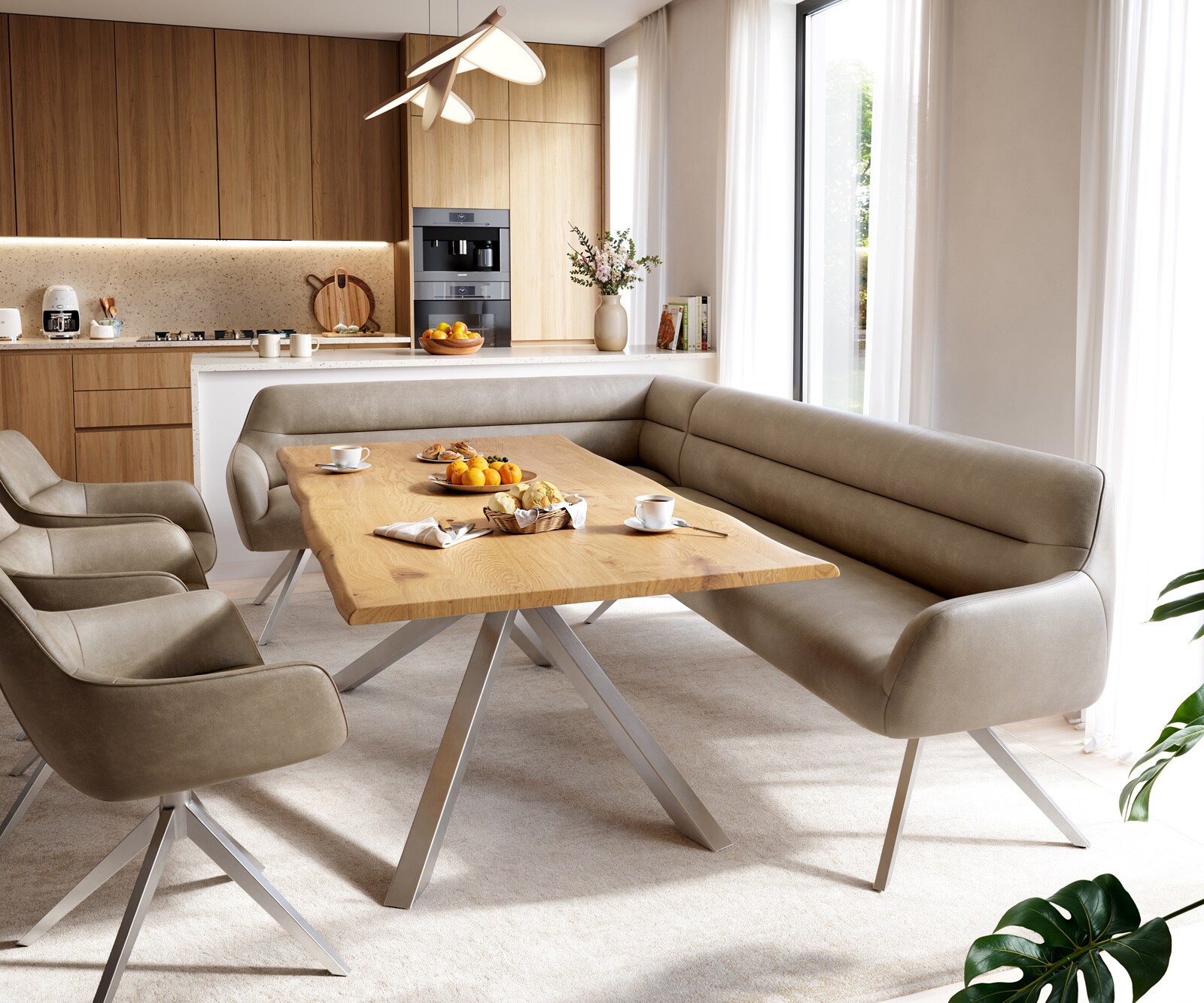 Banc-de-salle-à-manger Taya-Flex 285x190 cm microfibre beige vintage pied croisé angulaire acier inoxydable ressort ensaché à droite 1