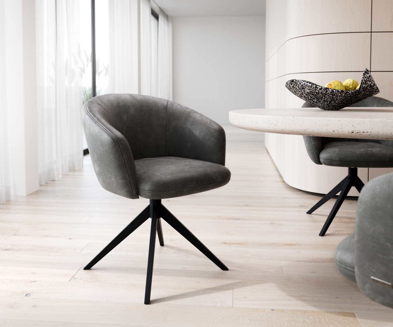 Chaise-pivotante Caja-Flex avec accoudoirs microvelours anthracite vintage pied croisé large noir pivotement sur 360° ressorts ensachés