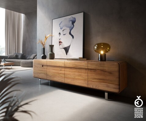 Meuble-TV Anaya 200 cm acacia naturel 4 portes pied en L inoxydable