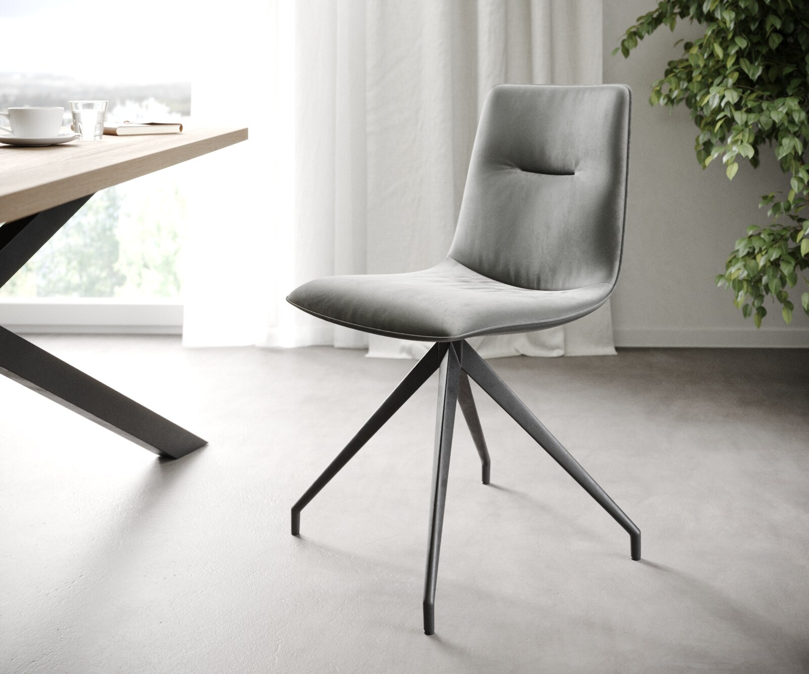 Pia-Adesso eetset van 4 stoelen in lichtgrijs fluweel met kegelvormige kruisstructuur 2