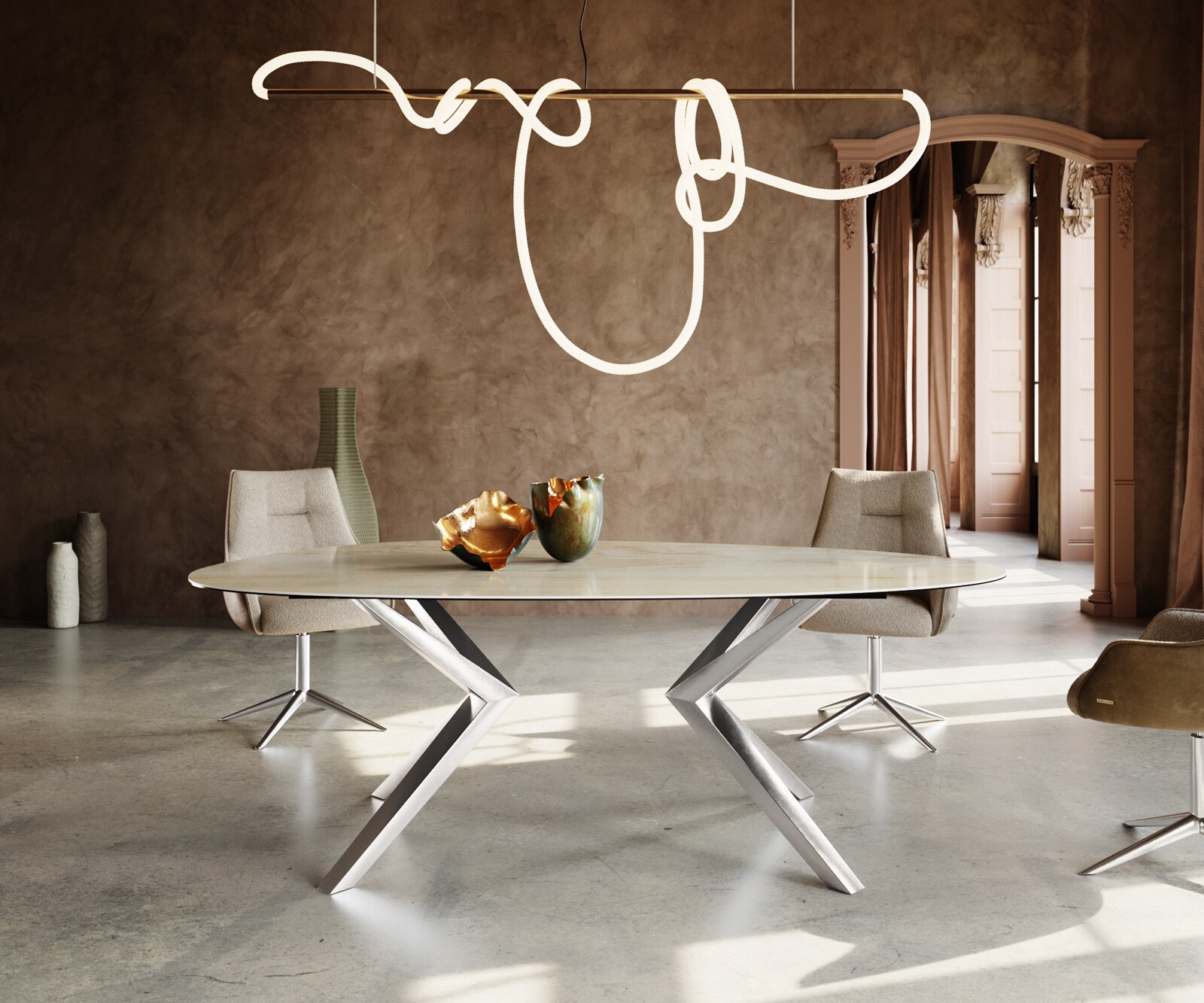 Table à manger Edge Ovale 220x120 Céramique Iris FMG Onice Oro Lucidato Nature​ Zenthara anguleux Acier inoxydable 2