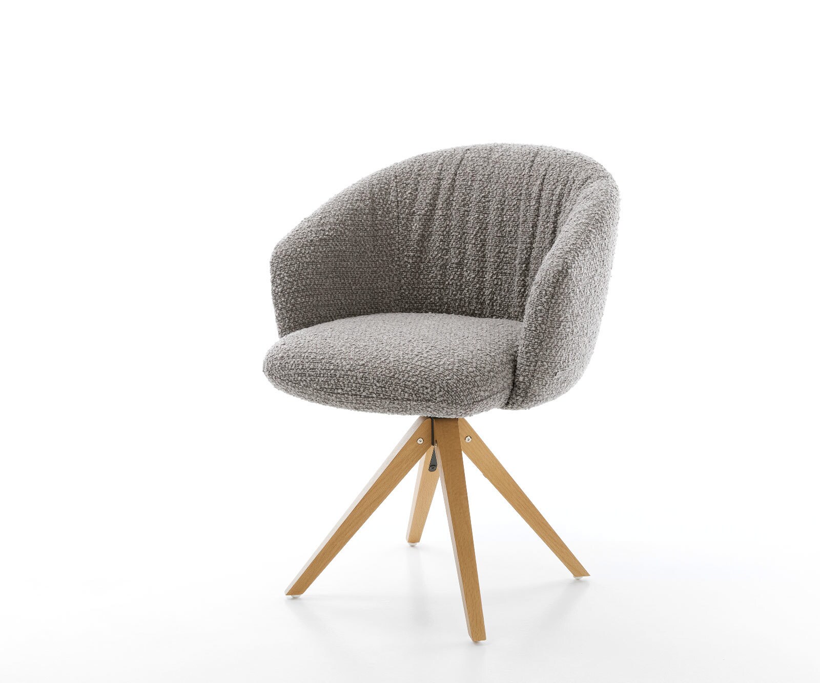 Chaise-pivotante Caja-Flex avec accoudoirs bouclé gris argenté pied en bois angulaire naturel pivotement sur 180° ressorts ensachés