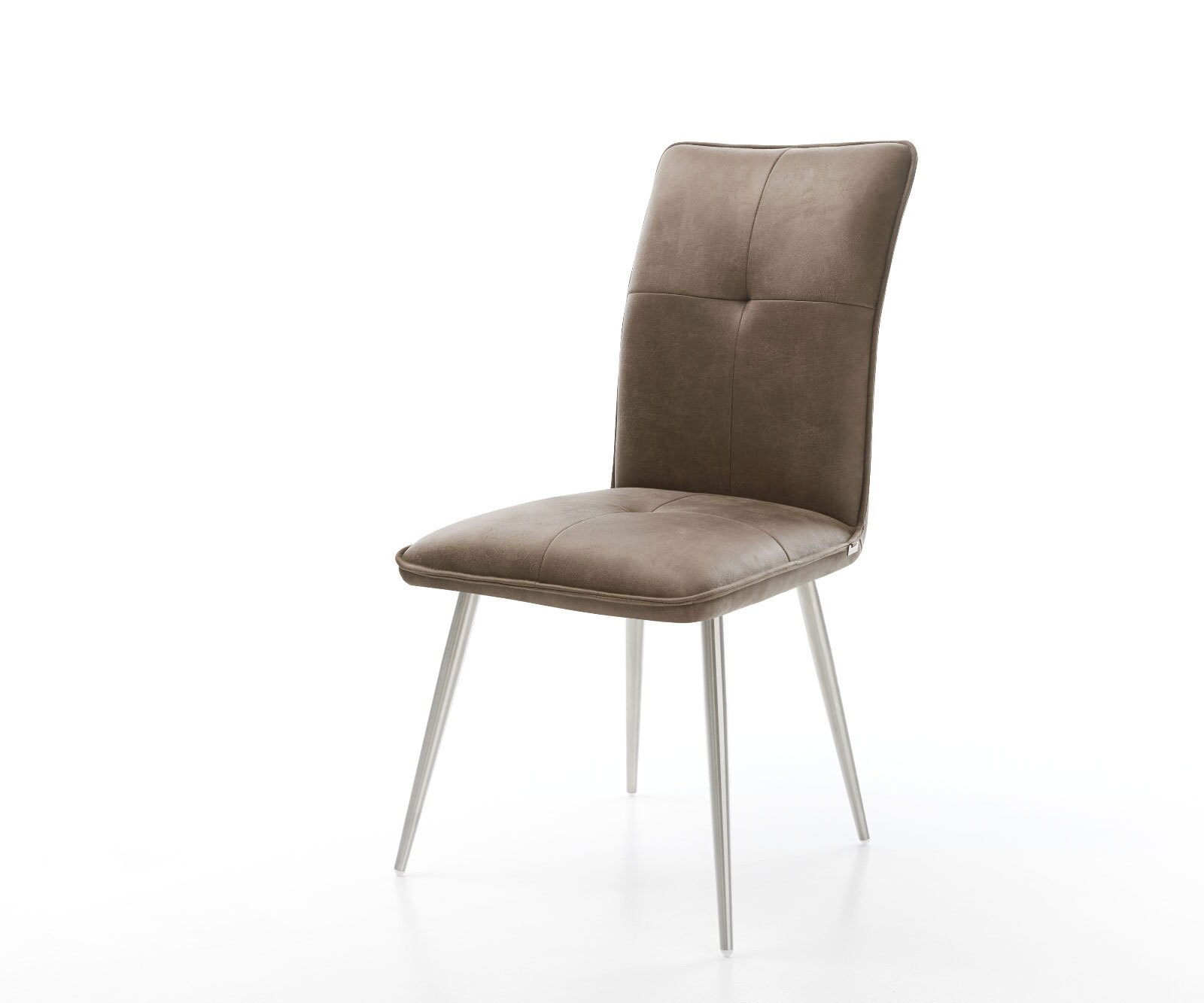 Chaise-de-salle-à-manger Maddy-Flex microvelours taupe vintage 4 pieds coniques acier inoxydable brossé Chaise-de-salle-à-manger Maddy-Flex microvelours taupe vintage 4 pieds coniques acier inoxydable brossé