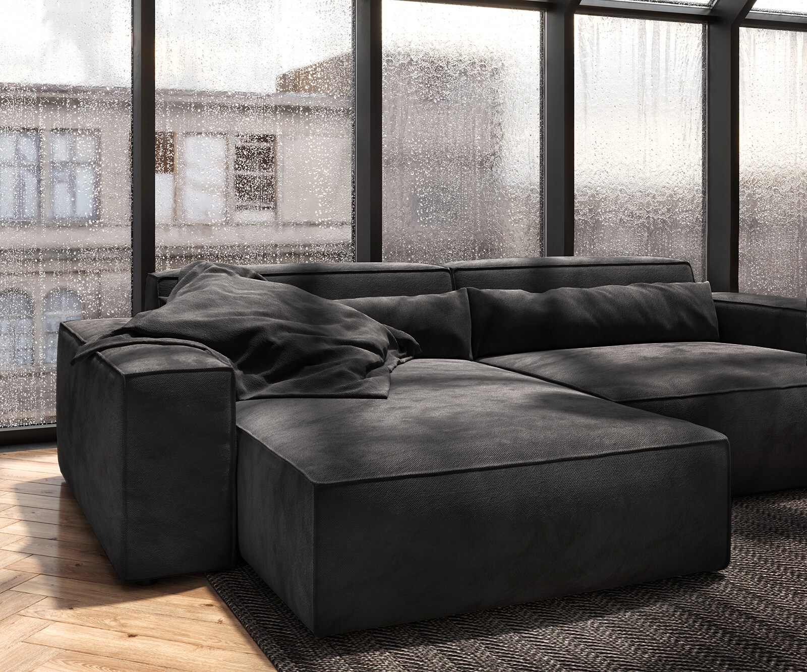 Canapé d'angle Sirpio XL 270x170 cm Microfibre Noir Recamiere variable avec Tabouret 6
