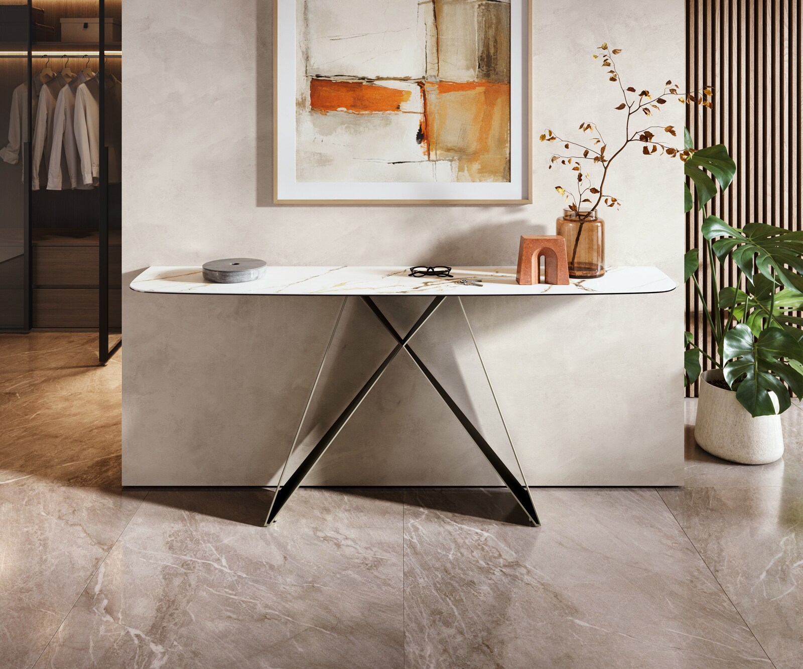Console Edge forme bateau 180x40 cm Céramique Calacatta Luxe Weiß-Gold-Gris Velio Métal Effektfinish Titan 1