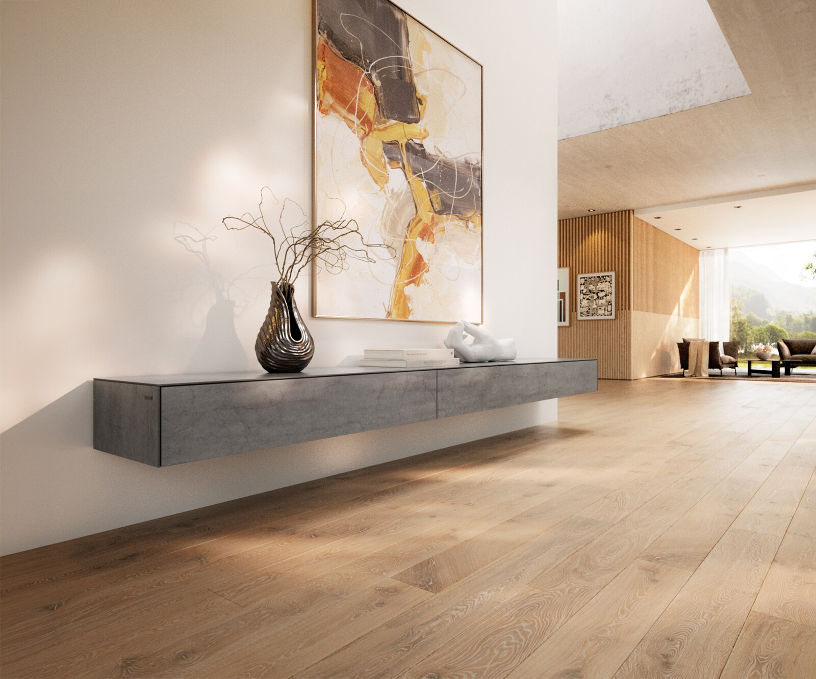 Meuble-TV Cuor 250 cm Céramique Béton gris 1 Clapet 1 Tiroir Flottant