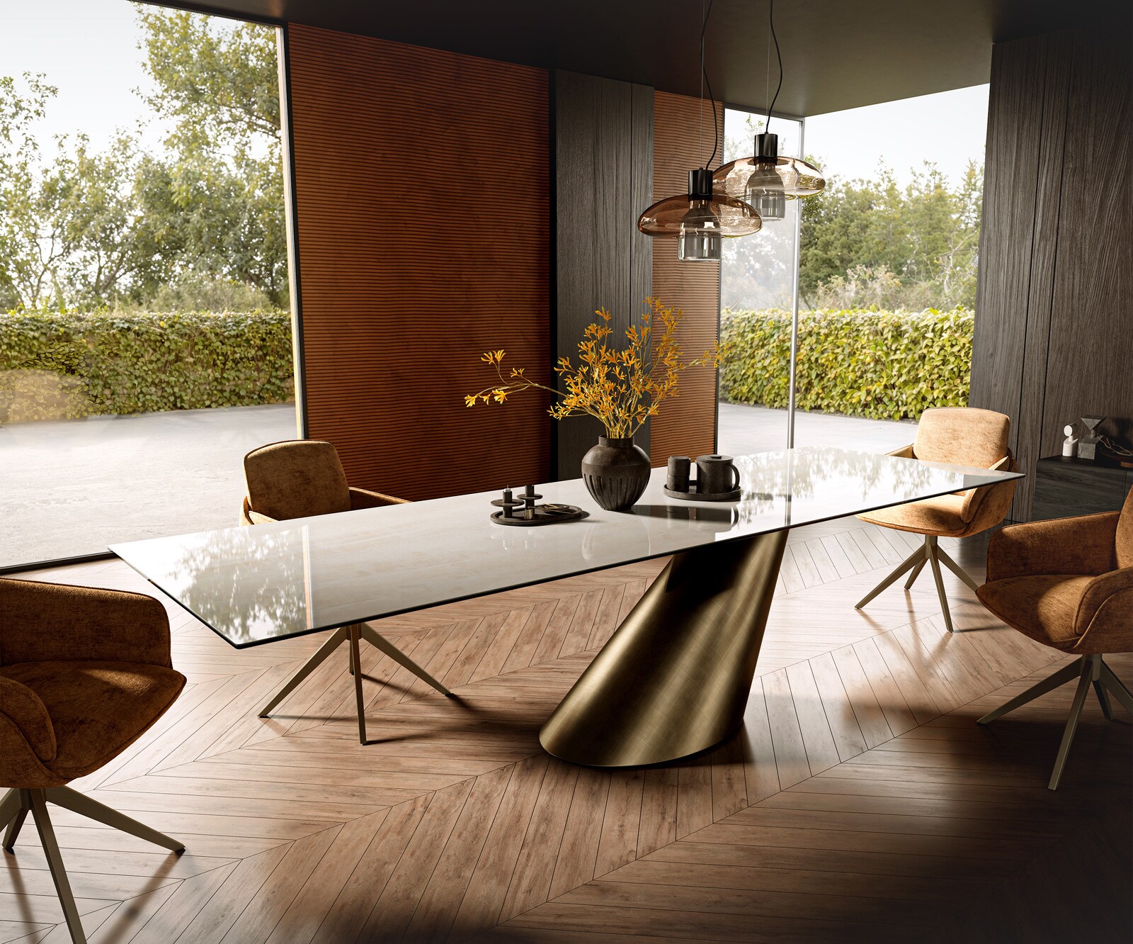 Table à manger Edge 300x100 cm céramique Onyx Champagne Cono métal doré 1