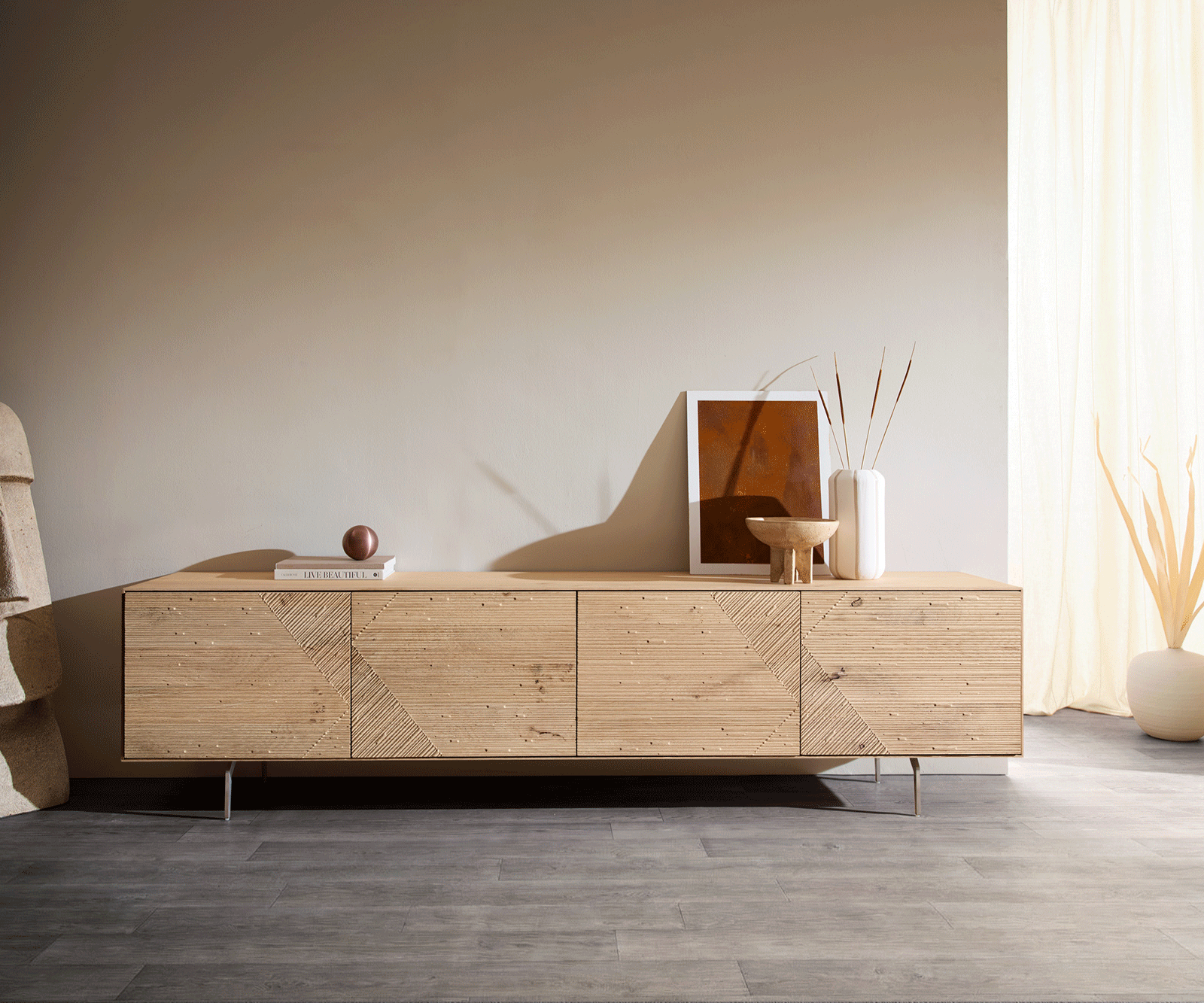 Meuble-TV Tereos 220 cm, chêne naturel, effet 3D, 4 portes, pieds en angle, acier inoxydable brossé 4