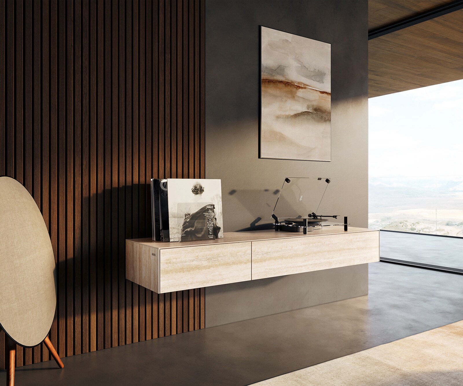 Meuble-TV Cuor 150 cm Céramique Laminam® Travertino Bianco Crème-blanc 1 Clapet 1 Tiroir Flottant