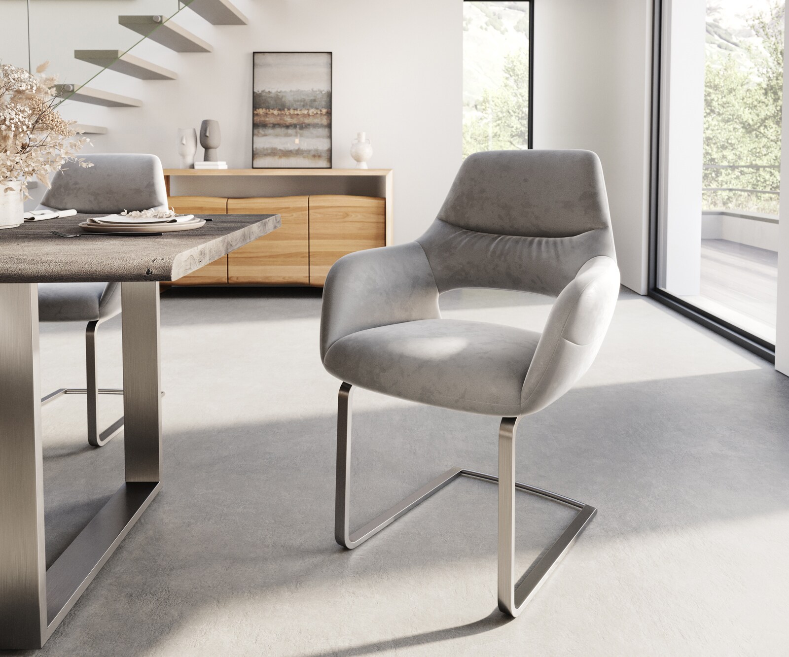 Cantilever Yago-Flex avec accoudoirs velours gris pied cantilever plat acier inoxydable brossé ressorts ensachés