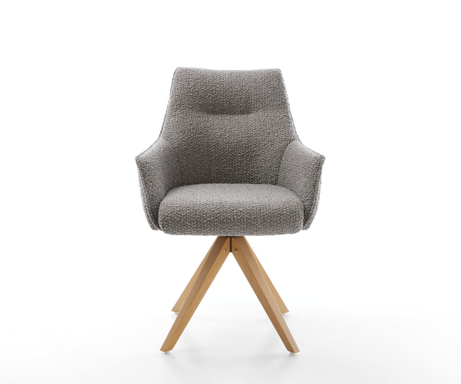 Chaise-pivotante Alja-Flex avec accoudoirs bouclé gris argenté pied en bois angulaire naturel pivotement sur 180° ressorts ensachés 1 Chaise-pivotante Alja-Flex avec accoudoirs bouclé gris argenté pied en bois angulaire naturel pivotement sur 180° ressorts ensachés 1