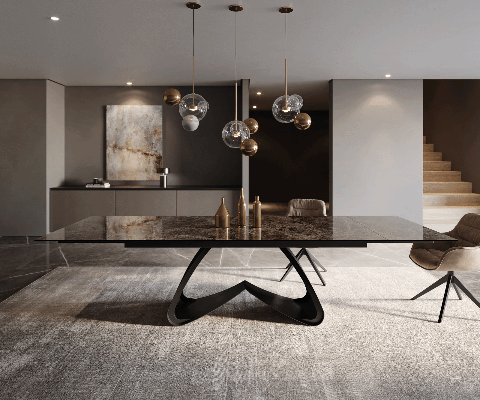 Table de salle à manger Edge Céramique Emperador Extra Lucidato Brun foncé 200-300x100 Piètement en W Noir extensible 1