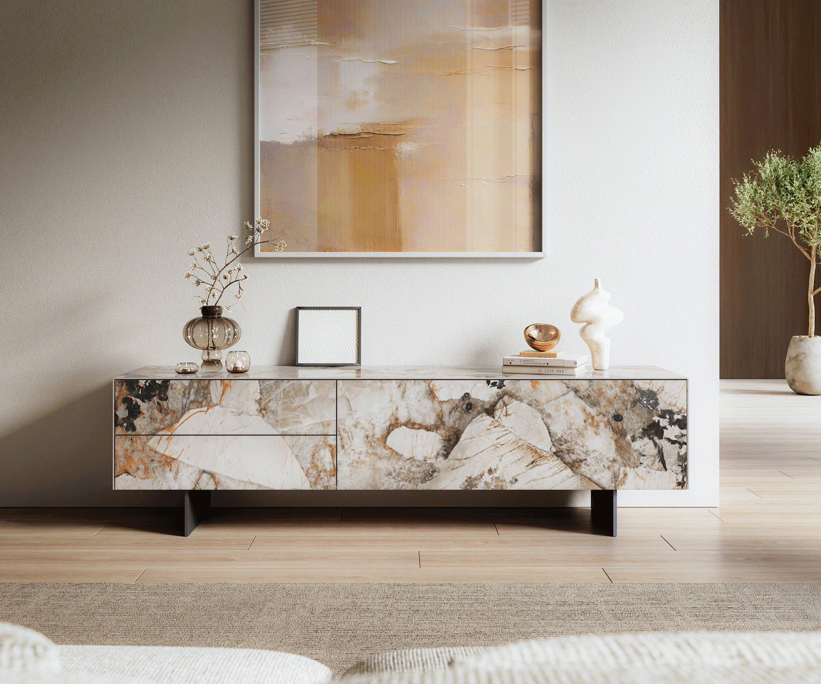 Meuble-TV Cuor 180 cm Céramique Patagonia raffinée 1 Clapet 2 Tiroirs Pied optique flottant Métal Noir 2