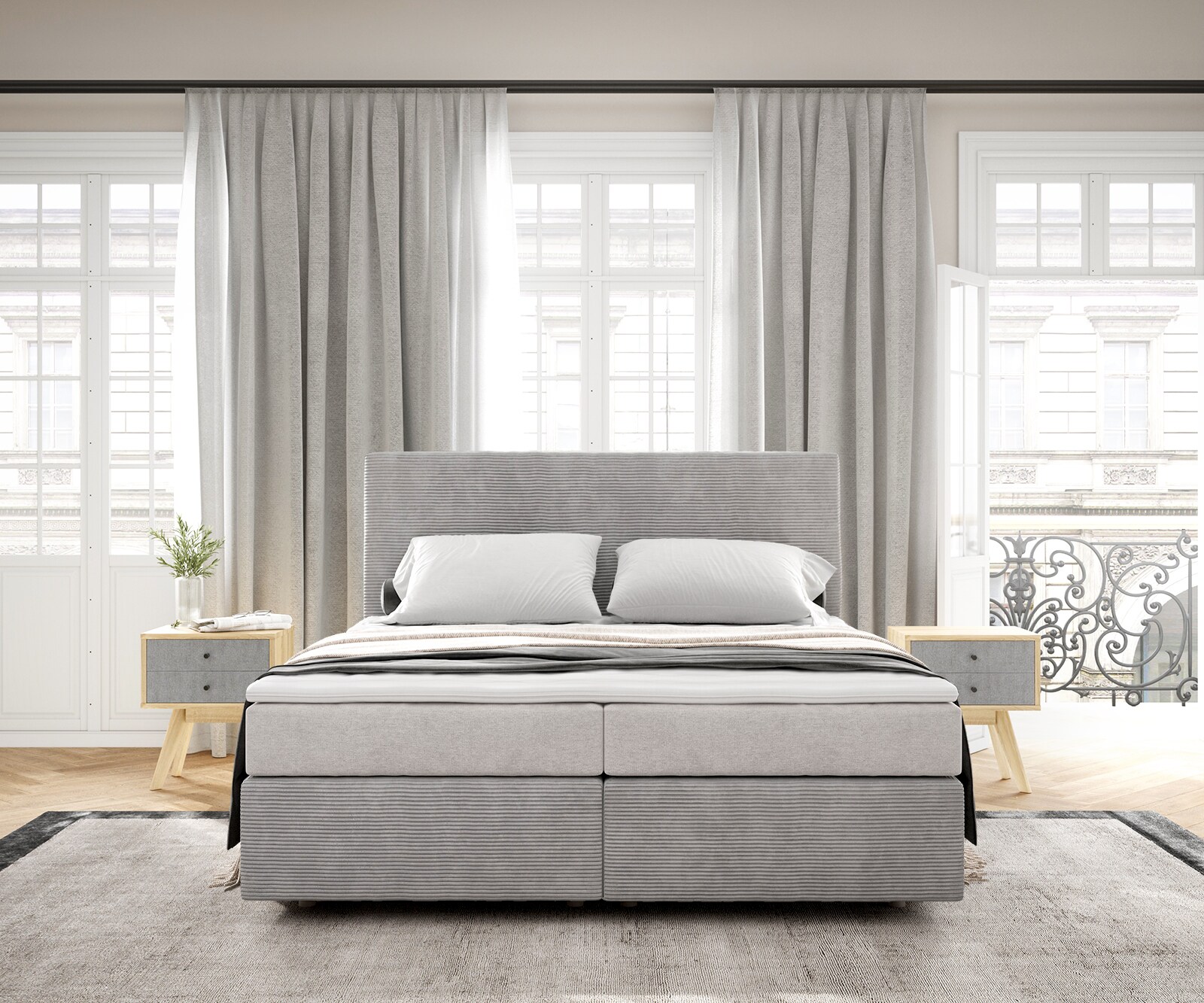 Lit-à-sommier-tapissier Dream-Well 160x200 cm Velours côtelé gris argenté avec matelas à ressorts ensachés et surmatelas Visco 1