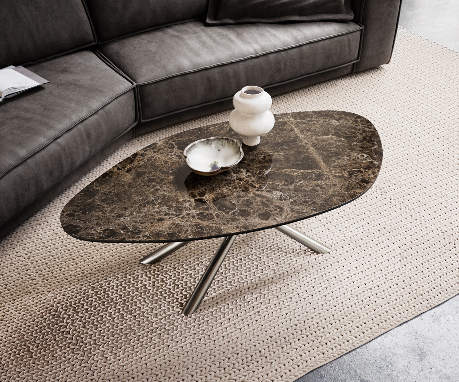 Table basse Edge Organique 140x76 cm céramique Laminam® Emperador Extra Lucidato brun foncé Sarity acier inoxydable brossé 3