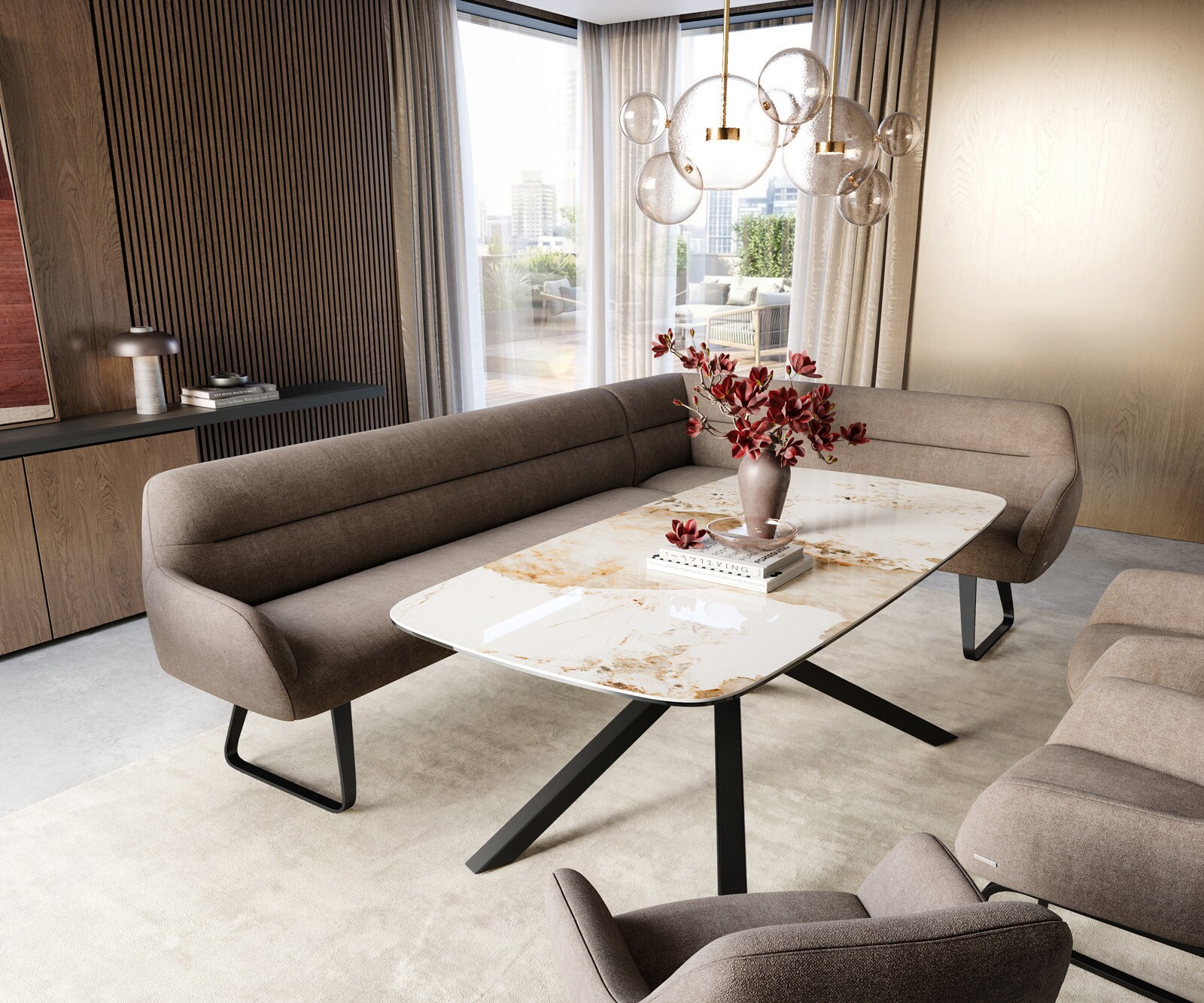 Banc-de-salle-à-manger Taya-Flex 285x190 cm tissu structuré doux taupe châssis à patins plat noir ressort ensaché liens 1