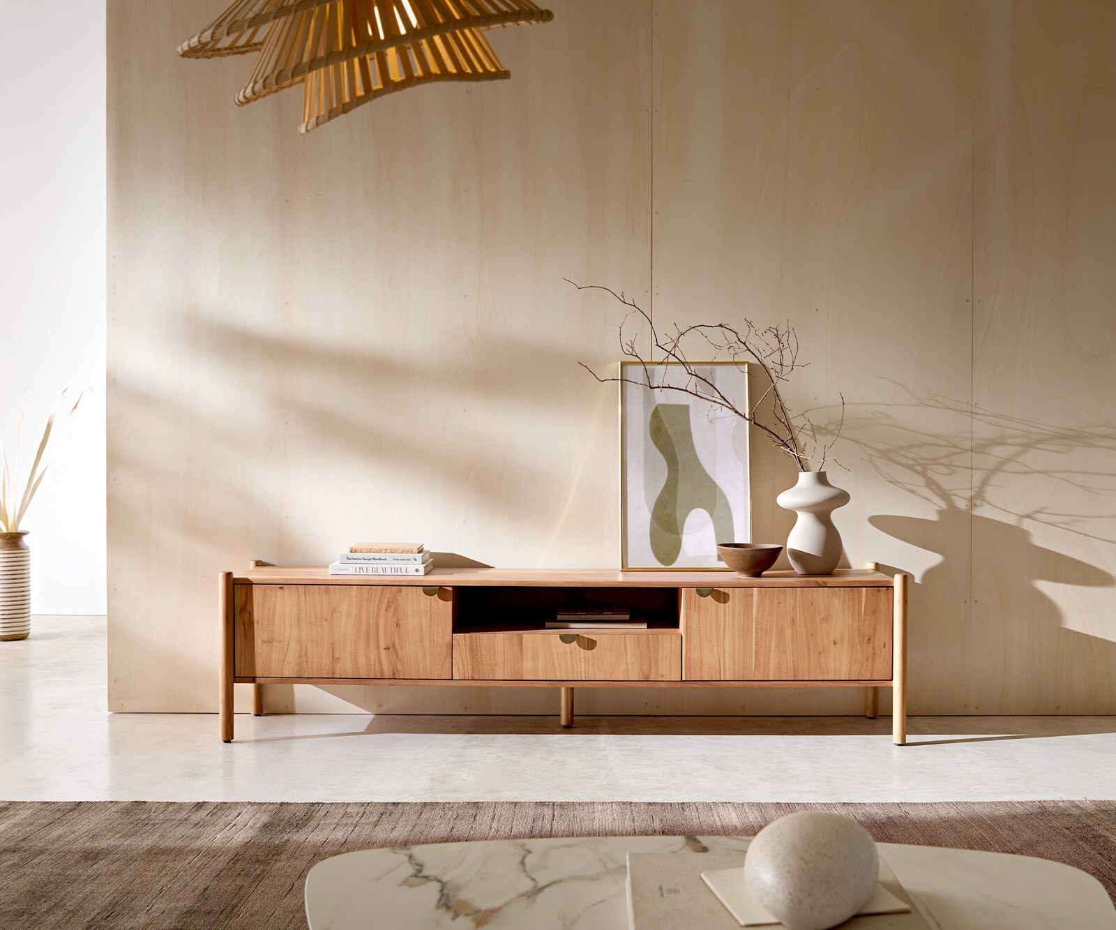 Meuble-TV Caius 175 cm acacia Aura 2 portes 1 tiroir 1 compartiment 1