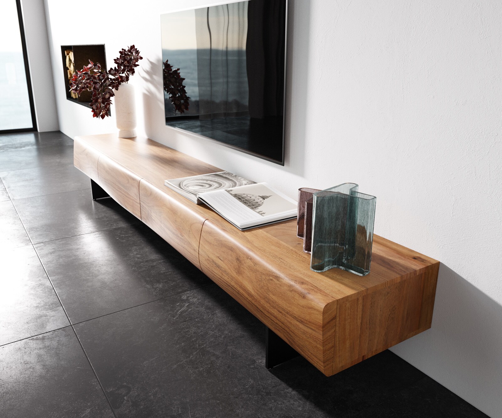 Meuble-TV New Live-Edge 240 cm acacia naturel 4 tiroirs pied flottant métal noir 1
