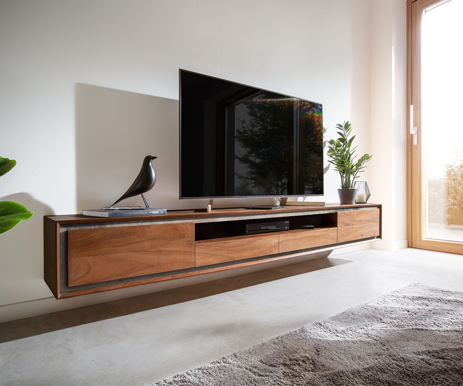 Meuble-TV Stonegrace 240 cm acacia marron 2 portes 2 tiroirs 1 compartiment Placage pierre Flottant 1