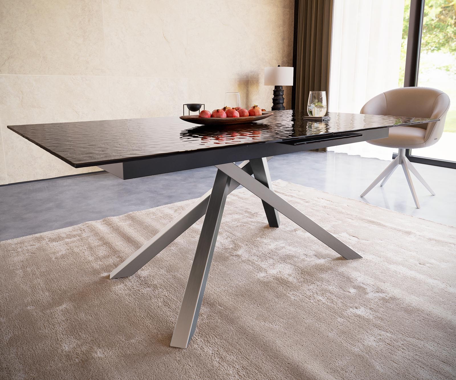 Table à manger Edge 180-220x100 verre fondu noir fumé relief en 3D cadre croisé rectangulaire acier inoxydable extensible 4 Table à manger Edge 180-220x100 verre fondu noir fumé relief en 3D cadre croisé rectangulaire acier inoxydable extensible 4