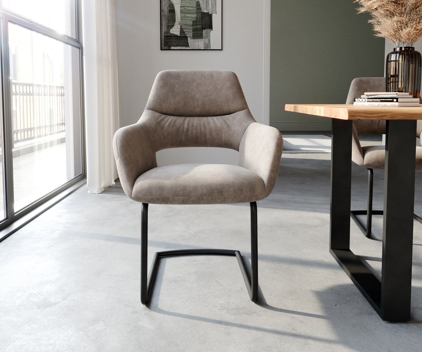 Cantilever Yago-Flex avec accoudoirs microvelours taupe vintage pied cantilever rond noir ressorts ensachés 2