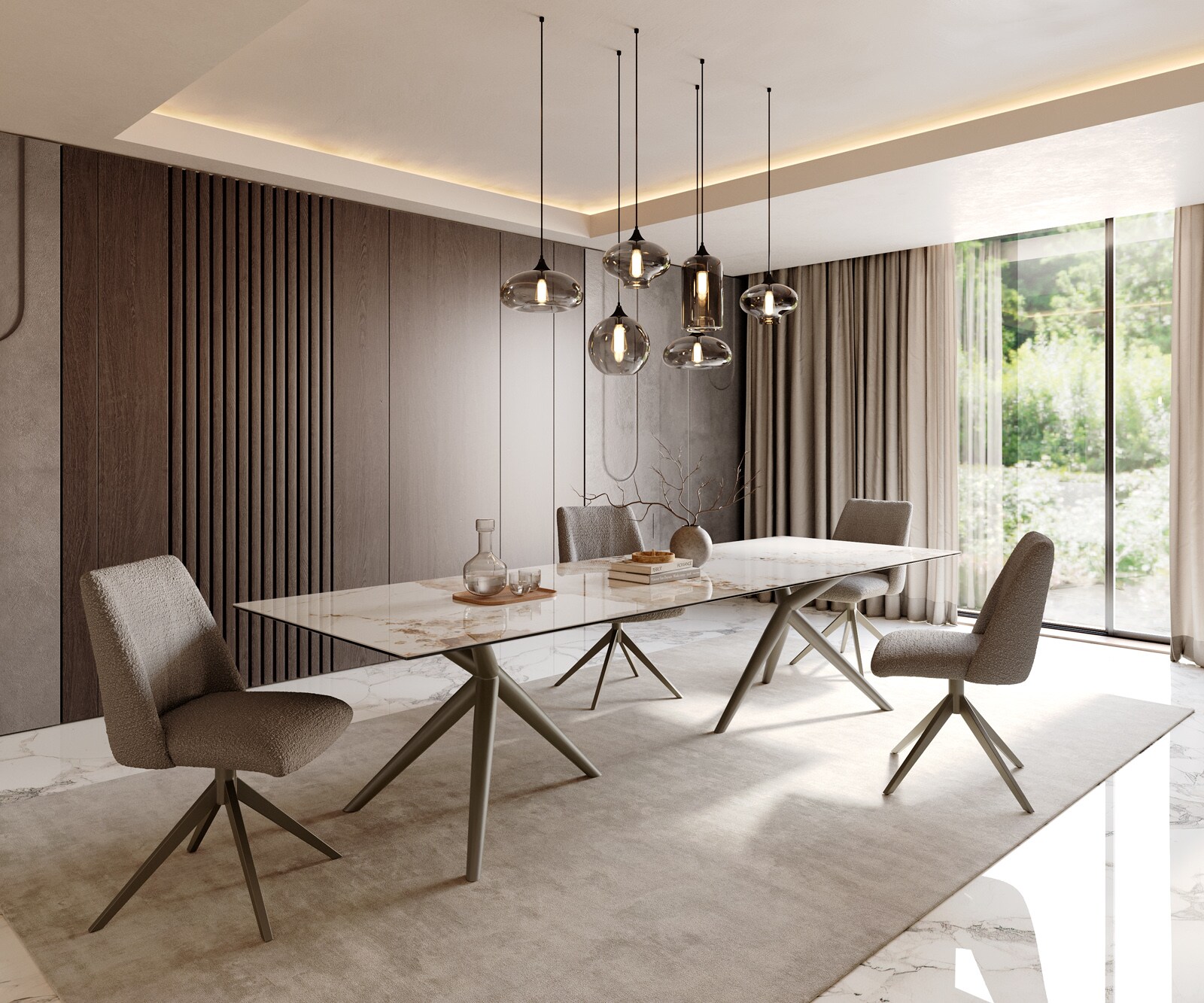 Table à manger Edge 300x100 Céramique Minas Melange Blanc-Beige Estelar rond Métal finition à effet Titane 6