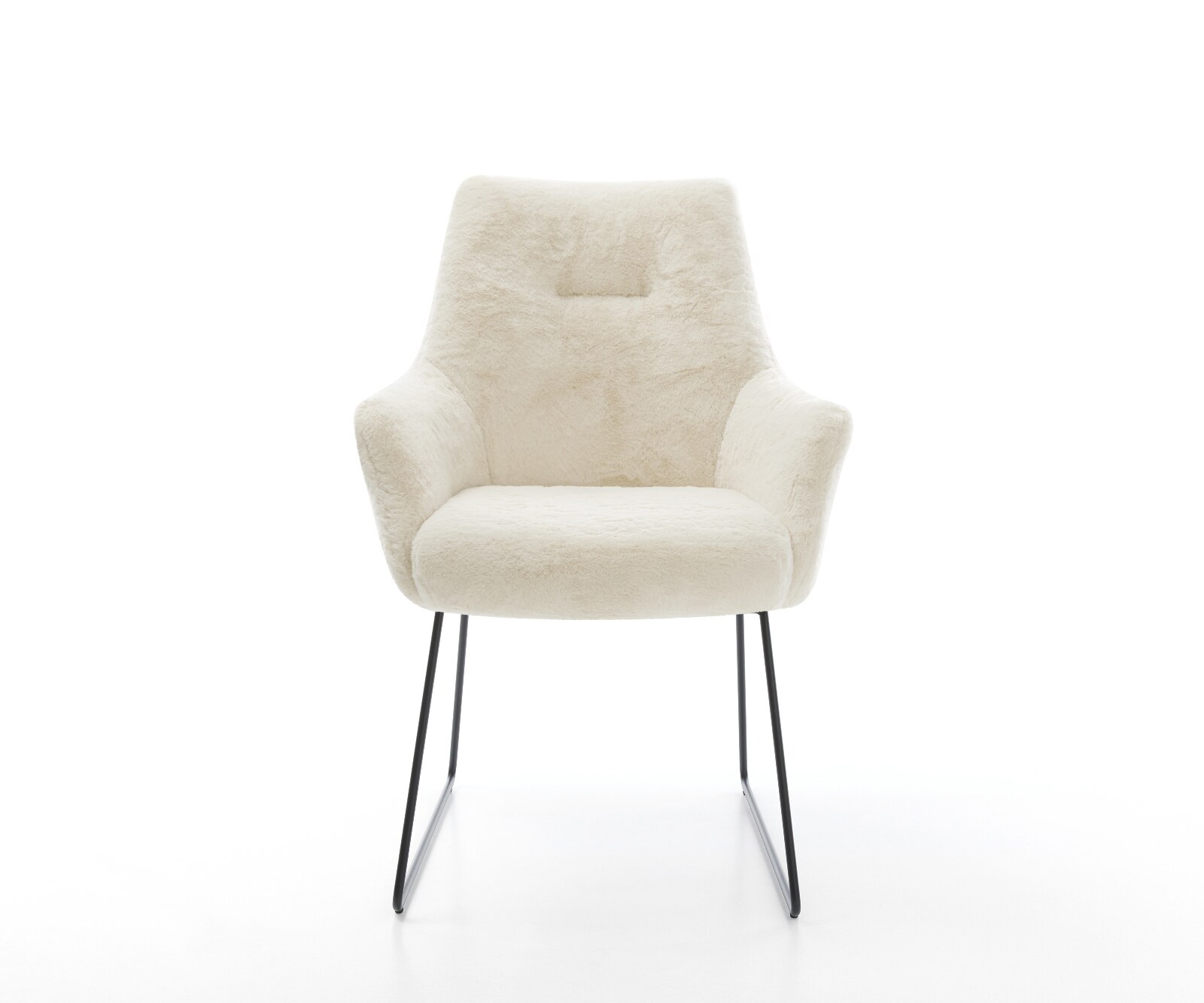 Chaise-de-salle-à-manger Alja-Flex avec accoudoirs peluche crème-blanc pied trapèze noir resorts ensachés 1