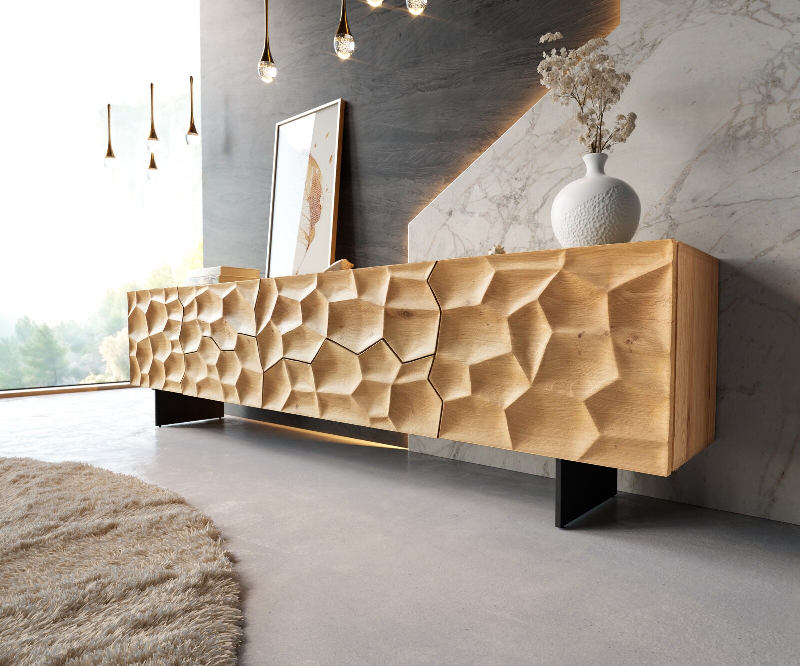 Meuble TV Solu 220 cm chêne naturel 2 portes 4 tiroirs pieds profilés métal noir face avant en 3D