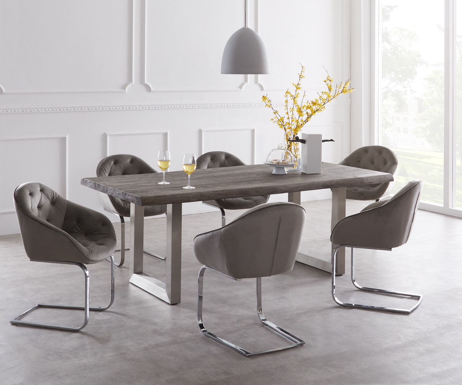 Table-à-manger Edge 220x100cm XL acacia platine acier inoxydable large Live-Edge Table-à-manger Edge 220x100cm XL acacia platine acier inoxydable large Live-Edge