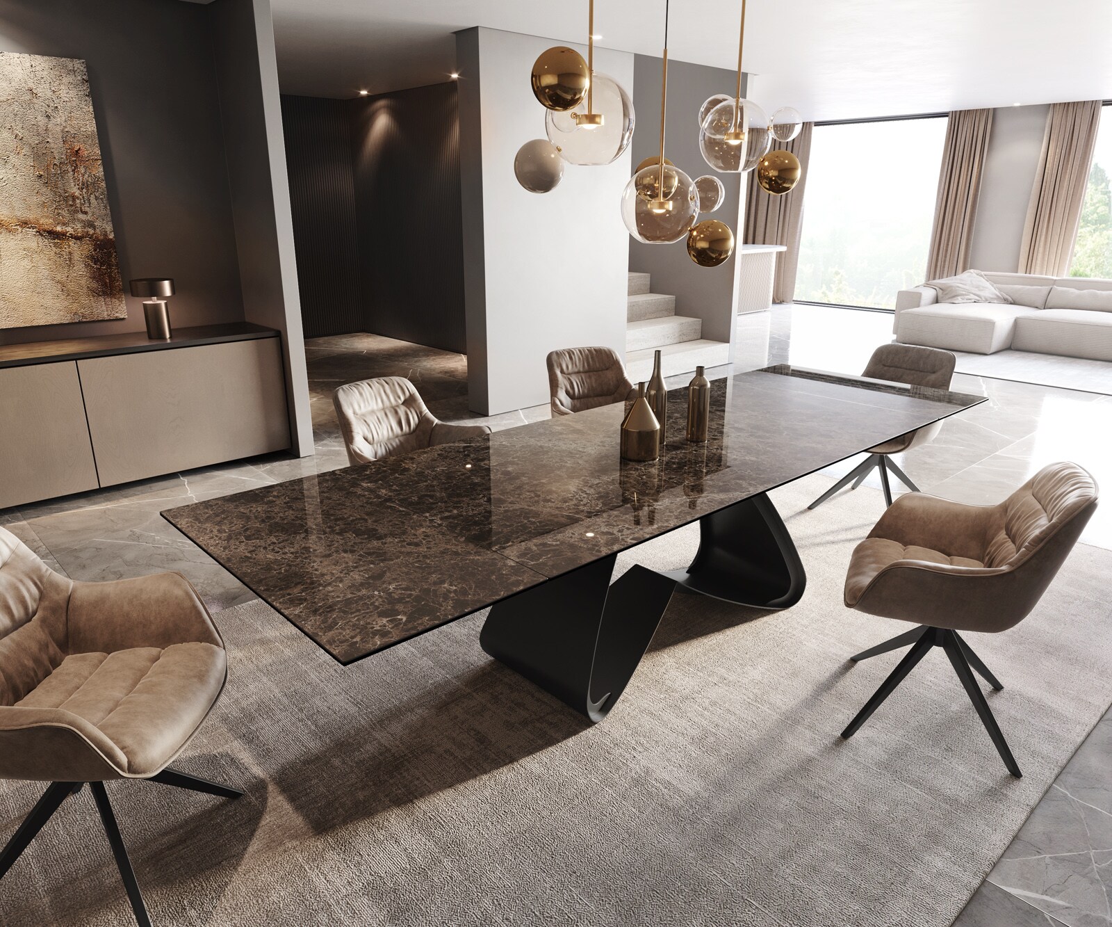 Table de salle à manger Edge Céramique Emperador Extra Lucidato Brun foncé 200-300x100 Piètement en W Noir extensible
