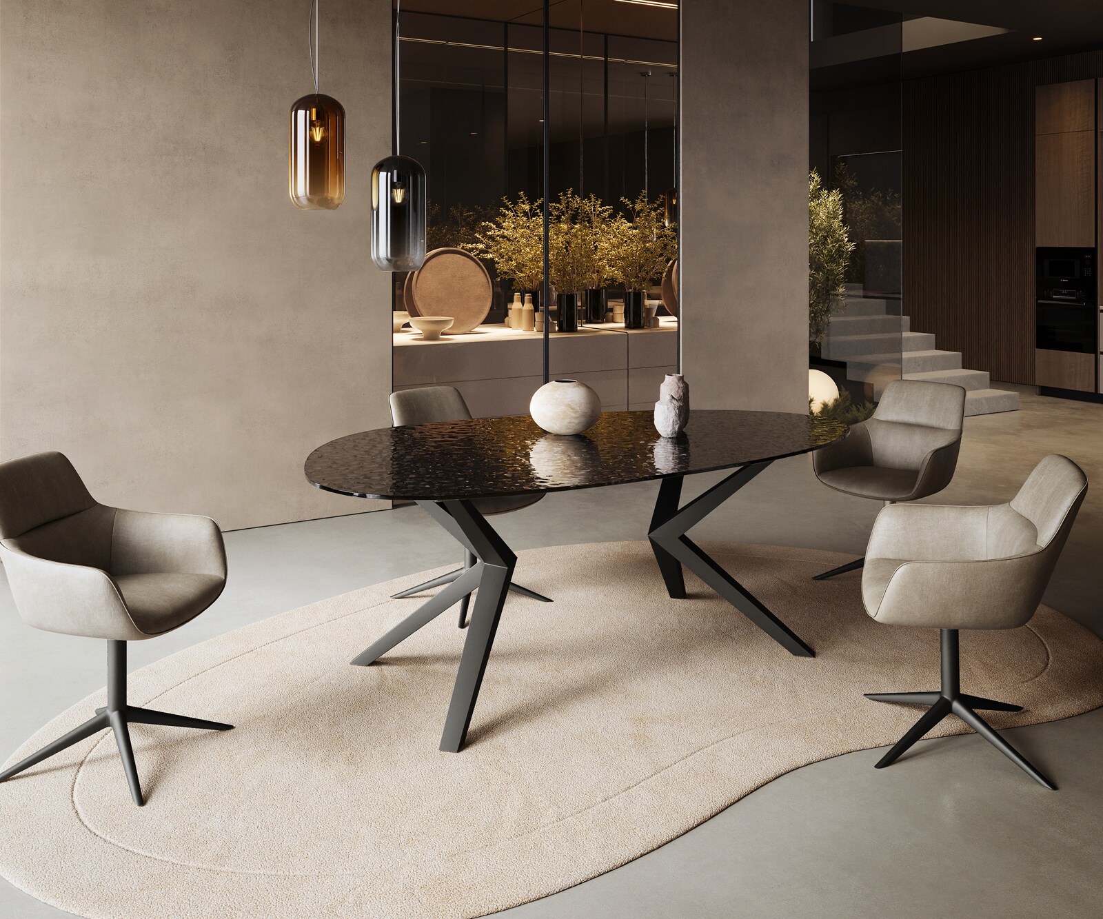 Table à manger Edge Ovale 220x120 Reliefglas RauchNoir 3D-Design Zenthara anguleux Métal Noir 4